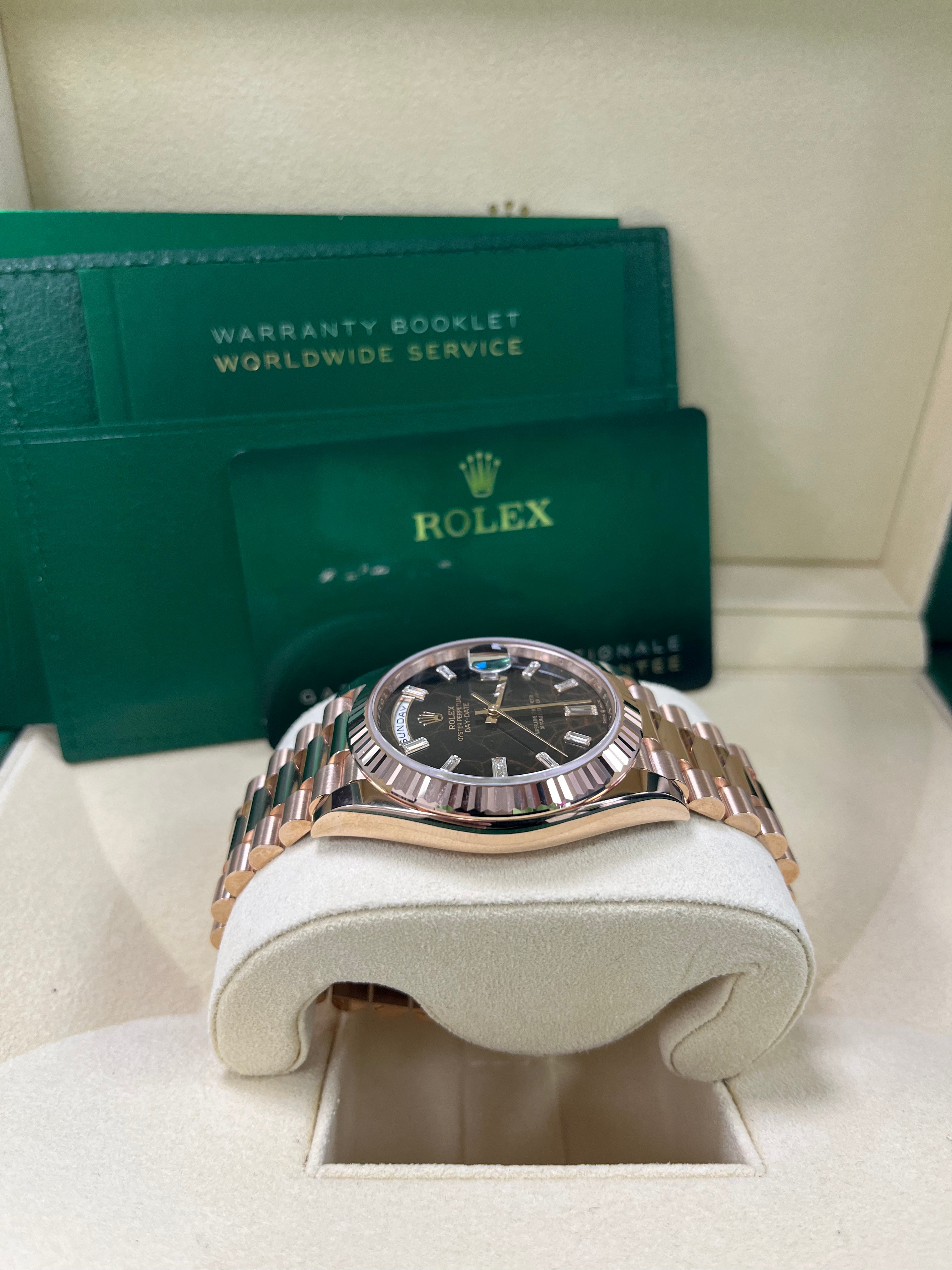 Rolex Day Date 40 Watch - 18K Rose Gold Fluted Bezel, Eisenkiesel Diamond Dial, President Bracelet 228235 - Luxury Dress Watch for Men, Perfect for Business & Formal Occasions