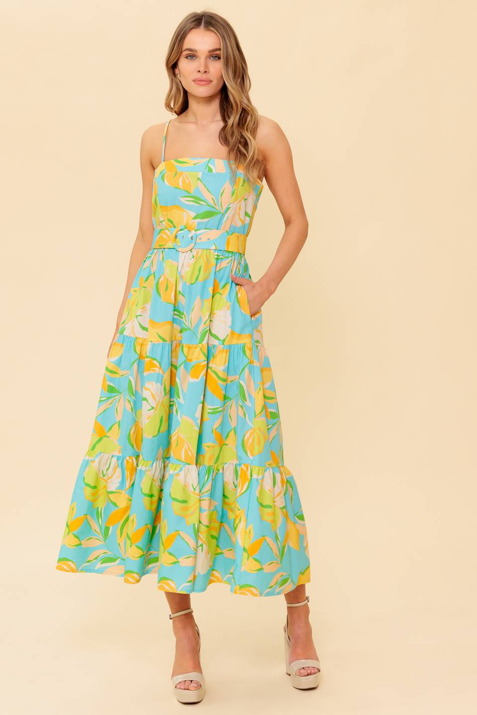 Elegant Blue & Yellow Midi Dress for Women - Perfect for Casual Outings, Brunch Dates & Summer Events | A PERFECT DAY Collection