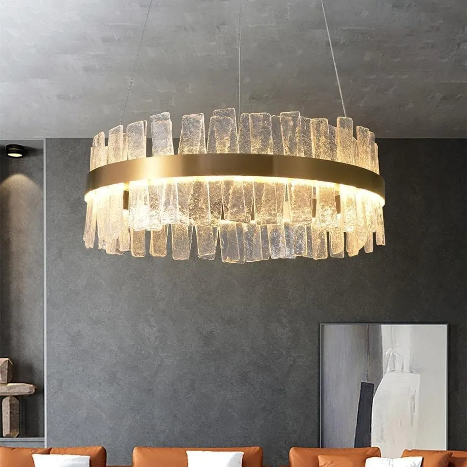 Flake Crystal Round Golden Lamp Body Modern Chandelier - Elegant Lighting Fixture for Dining Room, Bedroom, and Living Room Decor
