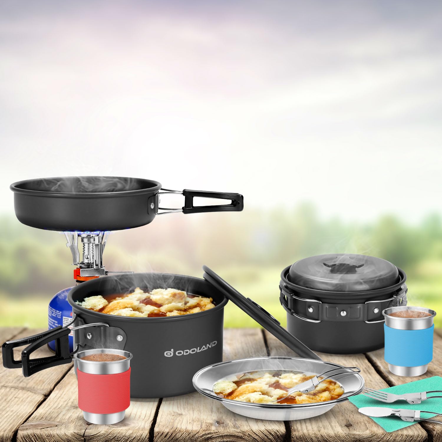 Odoland 16-Piece Camping Cookware Set with Folding Stove - Non-Stick Lightweight Pots, Pans, Stainless Steel Cups, Plates, Forks & Spoons - Perfect for Camping, Backpacking, Hiking & Outdoor Cooking Adventures