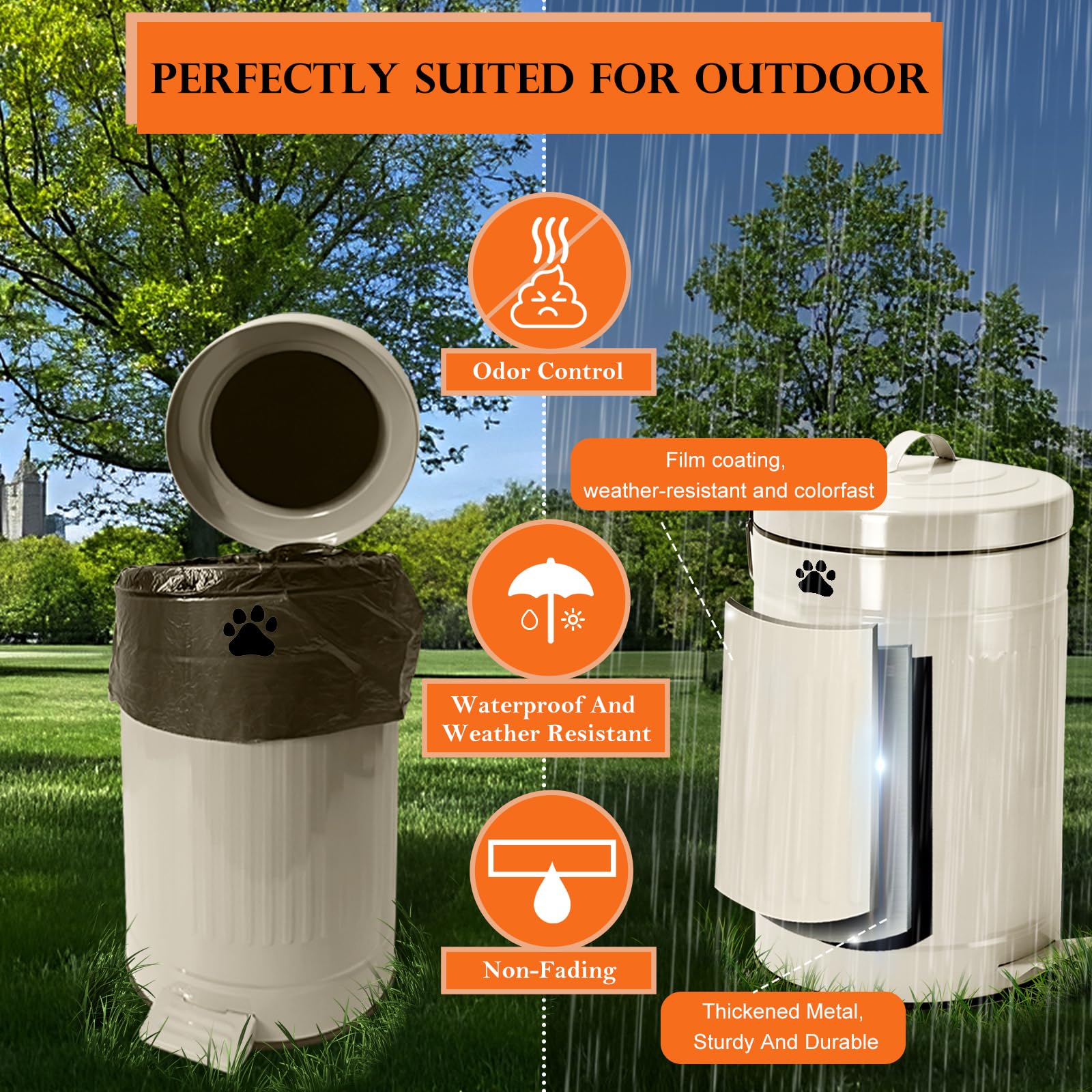12L/3.1Gal Metal Outdoor Dog Waste Trash Can with Lid & Foot Pedal - Includes 100 Dog Poop Bags, Soft Close Design, White Round Pet Waste Bin for Backyard, Garden & Park Cleanup