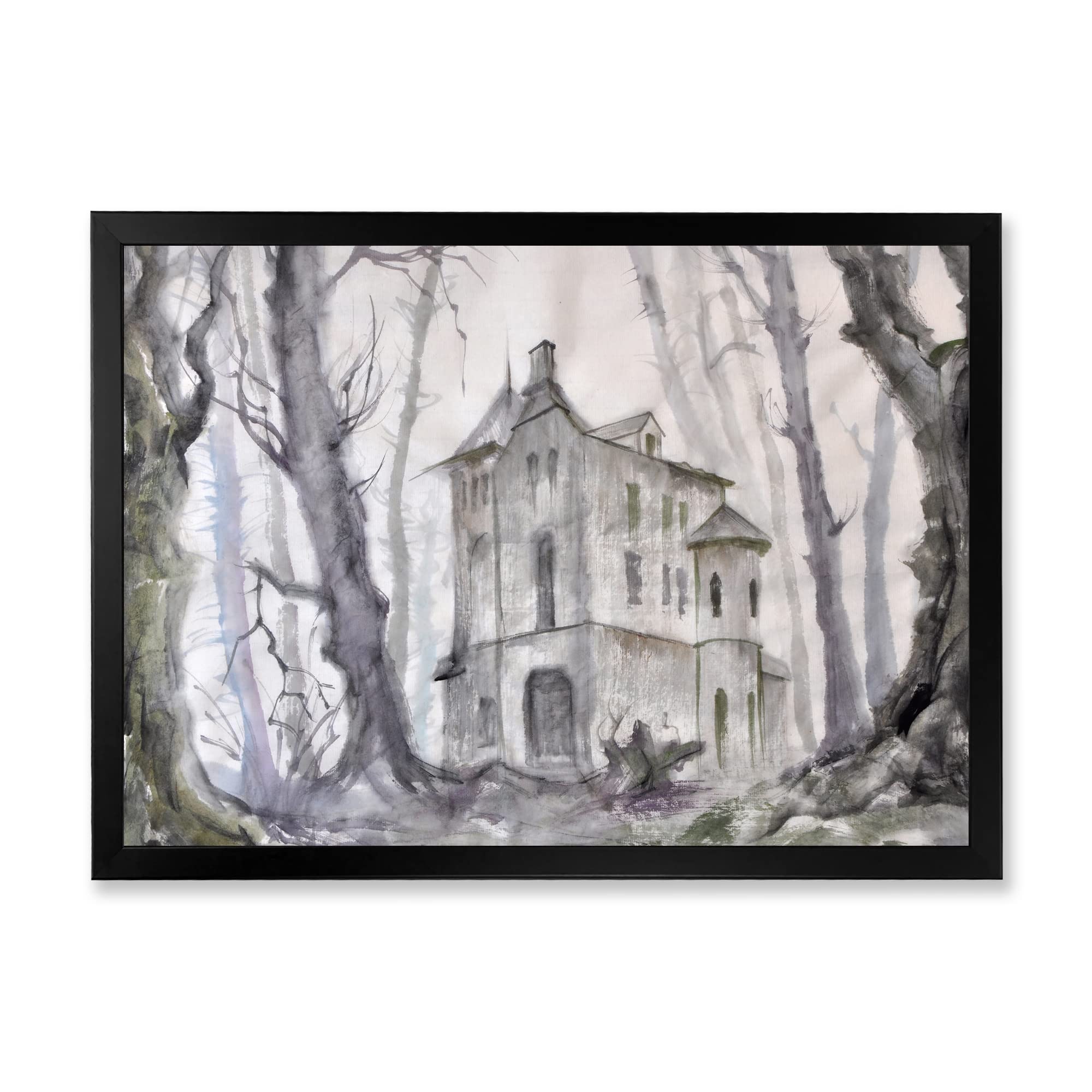 Haunted Castle in the Woods Gothic Wall Art - Traditional Framed Canvas Painting for Halloween Decor, Living Room & Bedroom Wall Decor