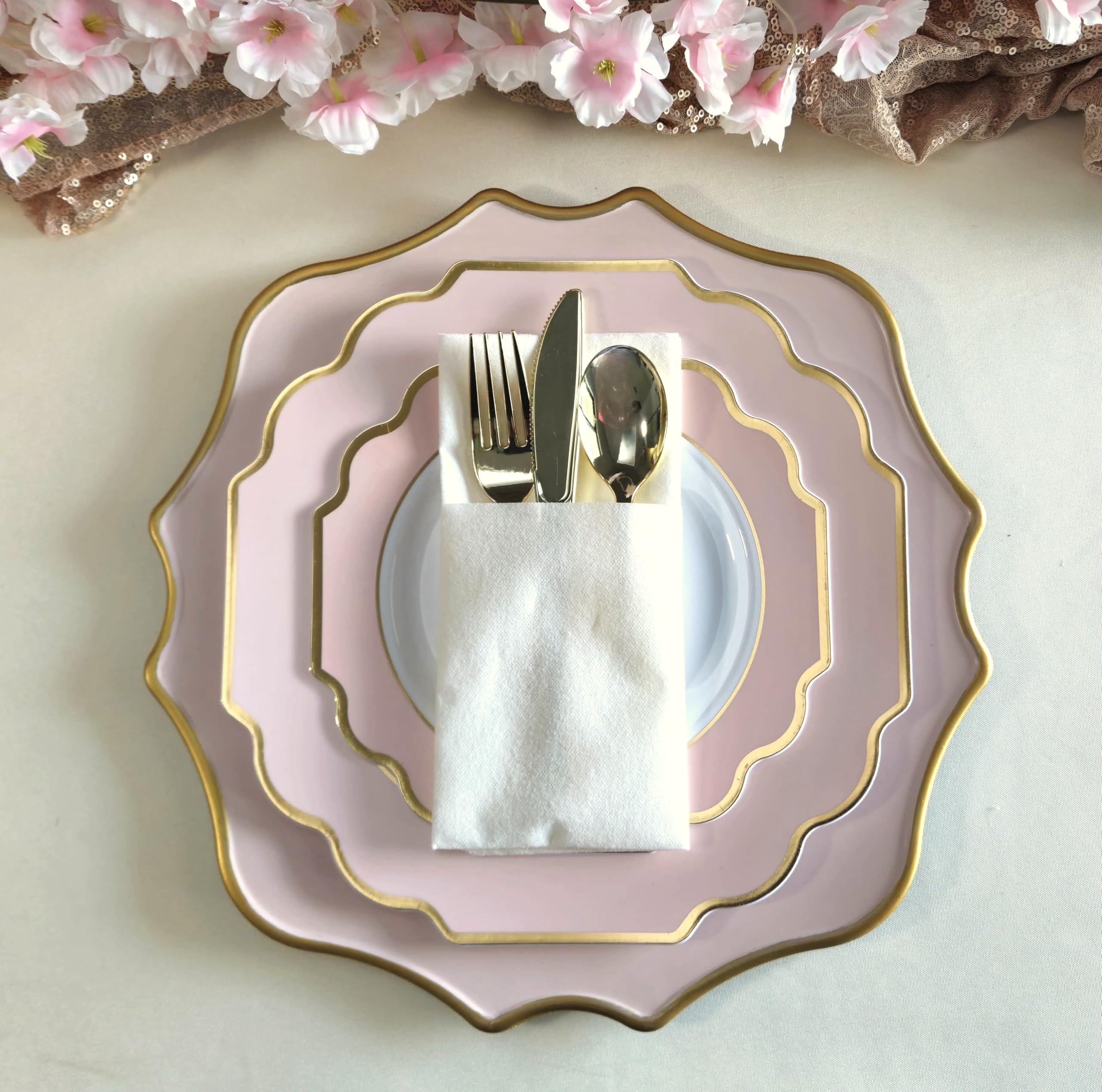 120-Pack Heavyweight Disposable Plastic Plates - 8'' Appetizer & Dessert Plates for Weddings, Parties, Events - Elegant White/Blush & Gold Design - Perfect for Catering, Banquets, and Special Occasions