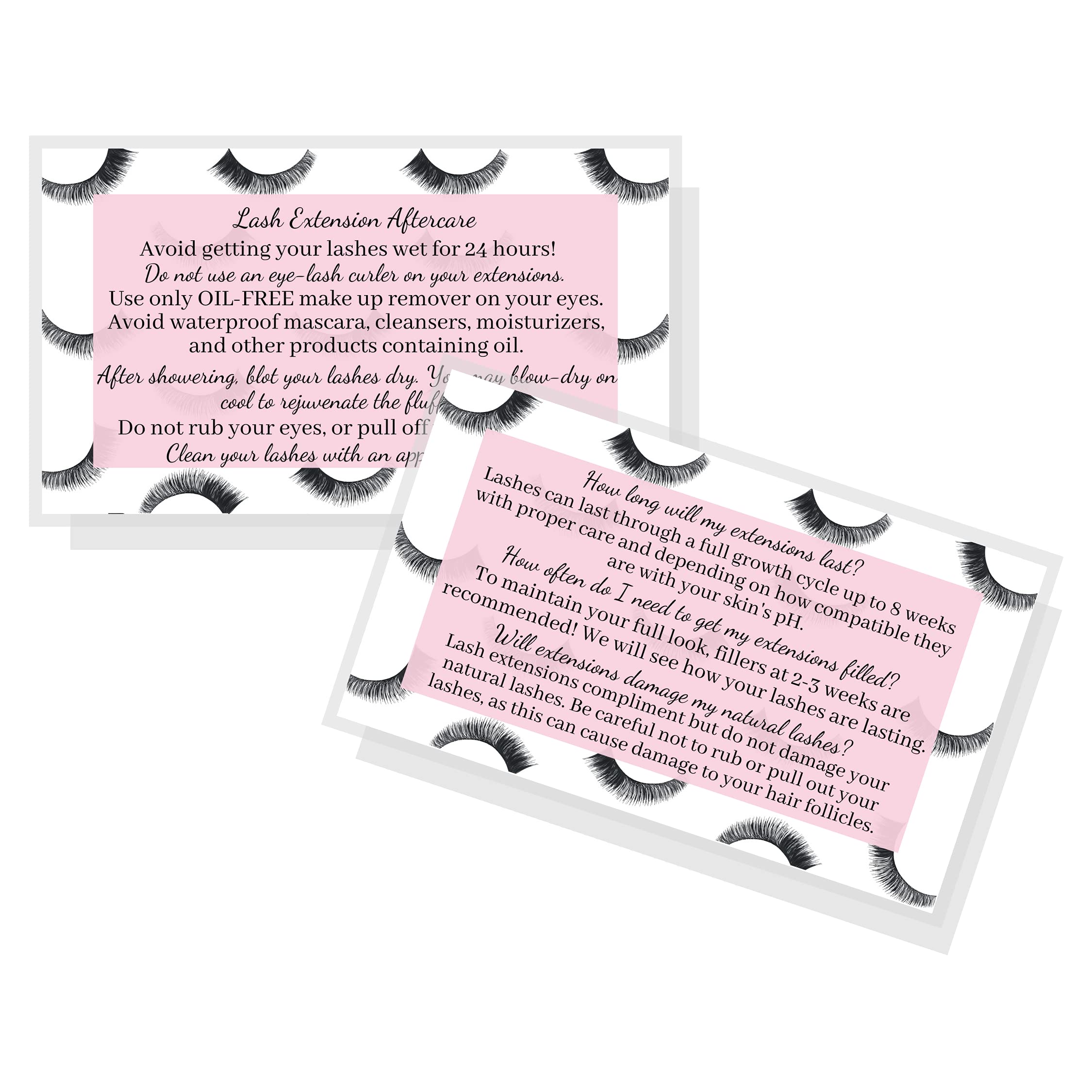 Premium Eyelash Extension Aftercare Cards - 50 Pack | Double-Sided False Lash Care Instructions with Elegant Pink Design | 3.5