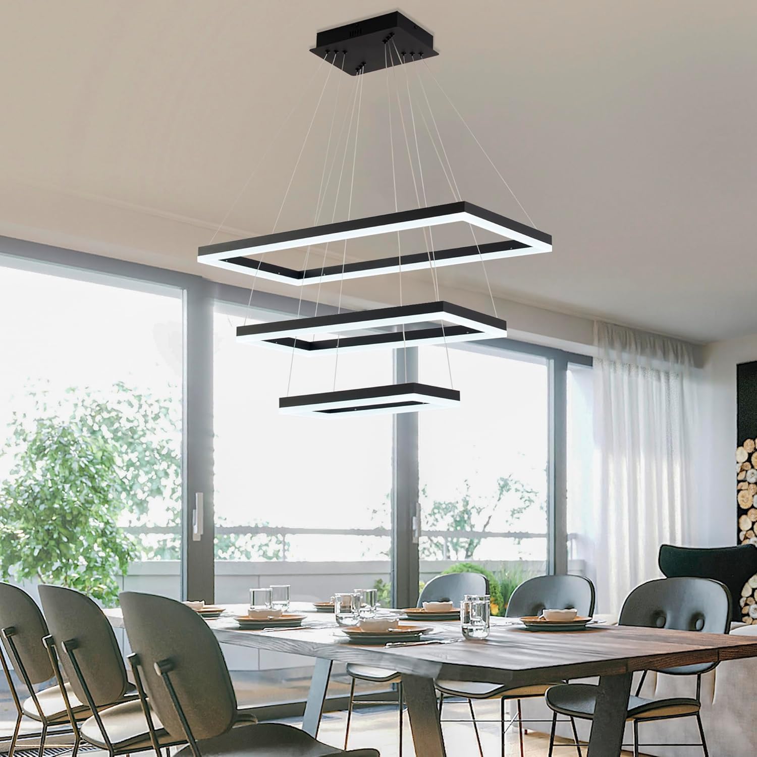 Modern Black LED Chandelier - 3 Ring Rectangle Dining Room Light Fixture - Large Upgraded High-Transmission Acrylic Design - Perfect for Contemporary Dining Rooms, Kitchens, and Living Spaces