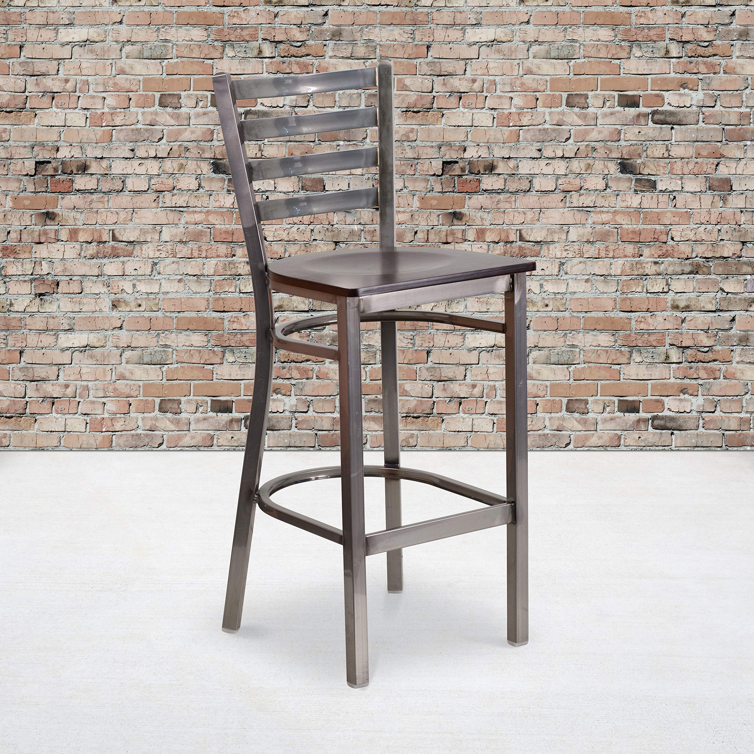 Flash Furniture 2-Pack HERCULES Series Clear Coated Ladder Back Metal Bar Stools with Walnut Wood Seat - Commercial Grade Restaurant & Home Bar Counter Stools for Kitchen Island, Pub, and Dining Room