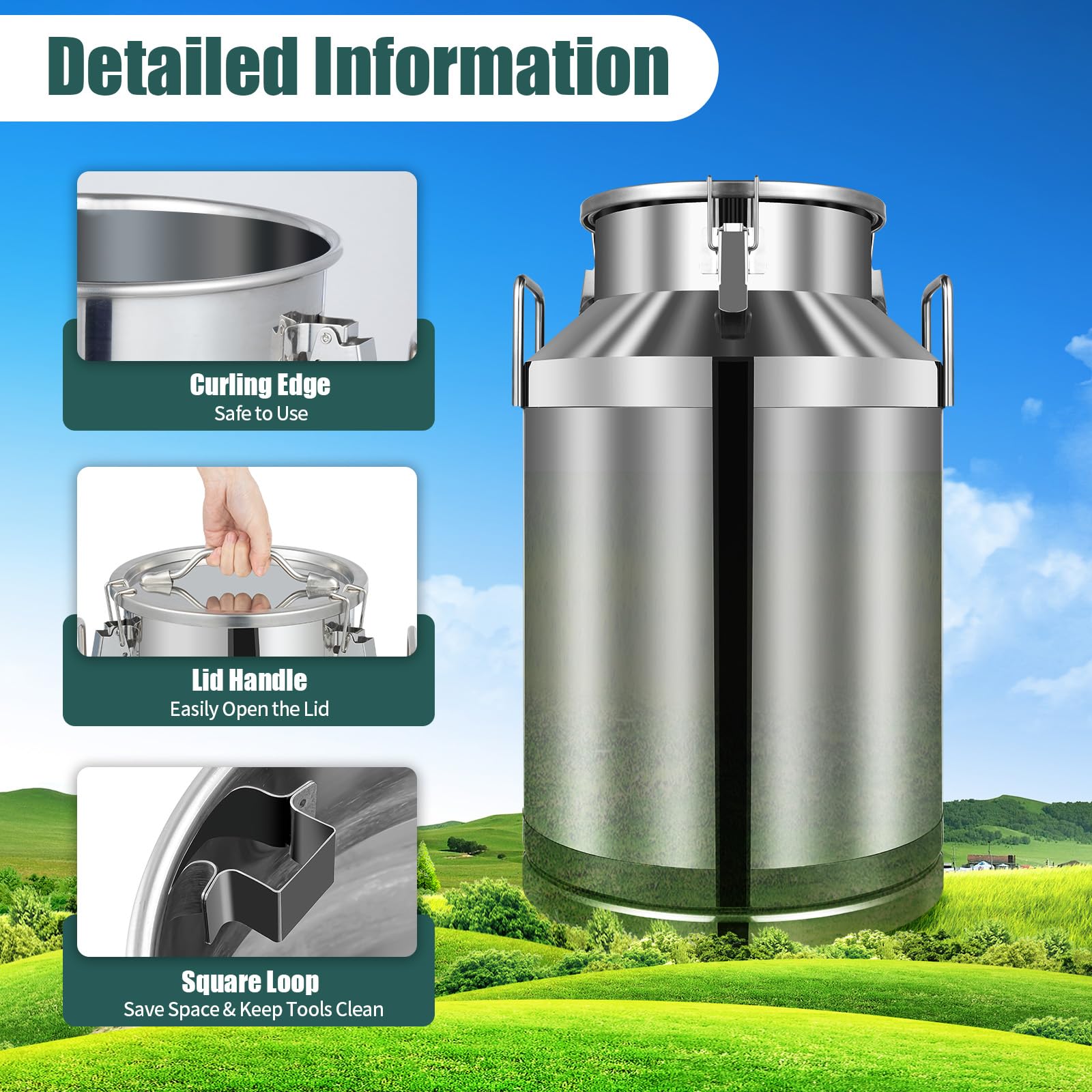 60L/15.85Gal Stainless Steel Milk Can - 201 Non-Magnetic Food Grade Container with Removable Lid & Handle - Perfect for Milk, Oil, Wine, Rice, Tea & Grain Storage - Ideal for Farm, Kitchen, Brewing & Food Preservation