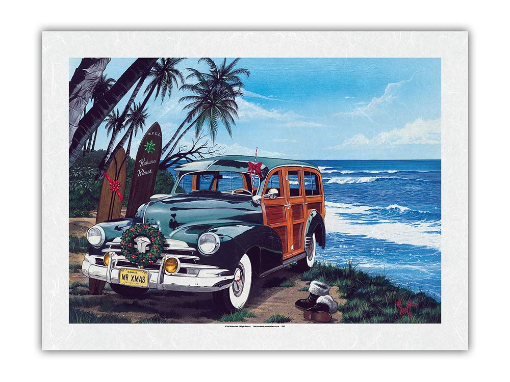 Vintage Surfing Santa Art Print - Kahuna Klaus Retro Christmas Woodie Beach Painting by Scott Westmoreland - 24x32 Inch Premium Unryu Rice Paper Wall Decor - Perfect for Beach House, Surf Shack & Holiday Home Decor