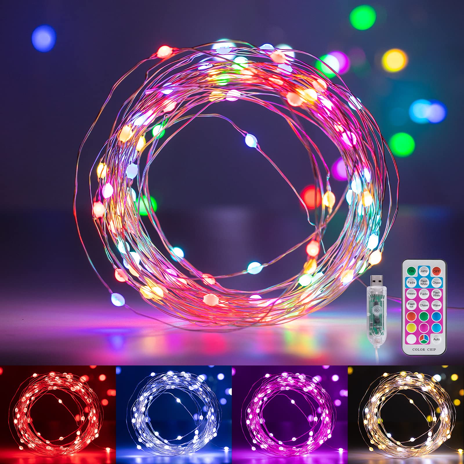 Minetom 33 FT 100 LED Color Changing Fairy Lights with Remote - USB Powered Waterproof String Lights, 11 Lighting Modes for DIY Bedroom Decor, Party, Wedding, Outdoor & Indoor Use