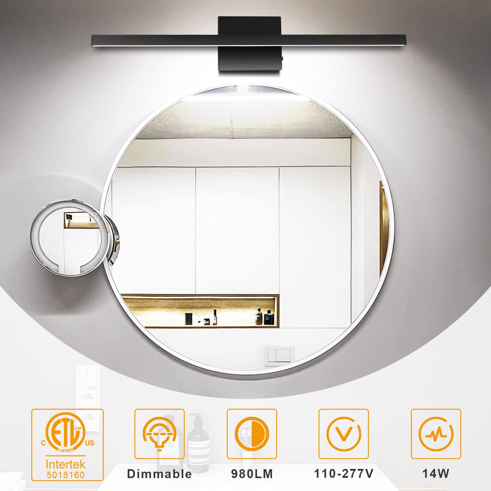 NIORSUN 23.6 Inch Modern Black Bathroom Vanity Light - 14W 5CCT Dimmable LED Mirror Light Fixture, ETL Certified for Bathroom, Restroom & Powder Room - Perfect for Makeup, Shaving & Grooming