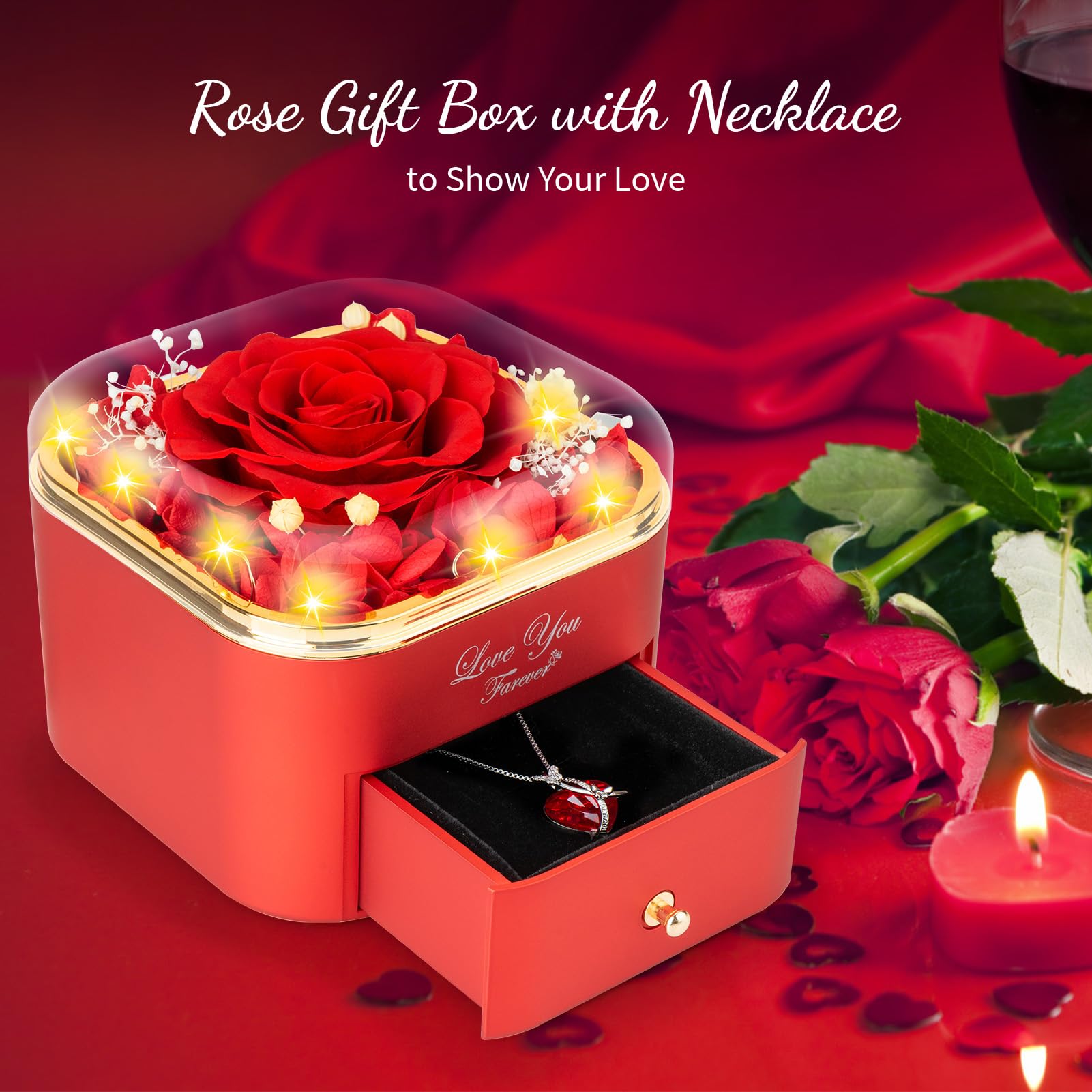 Preserved Real Red Rose in Jewelry Box with Necklace - Eternal Rose Gift for Women, Grandma, Wife, Girlfriend | Valentine's Day, Mother's Day, Christmas, Birthday, Anniversary Romantic Present | Perfect for Home Decor, Wedding Centerpiece, Special Occasion Gift