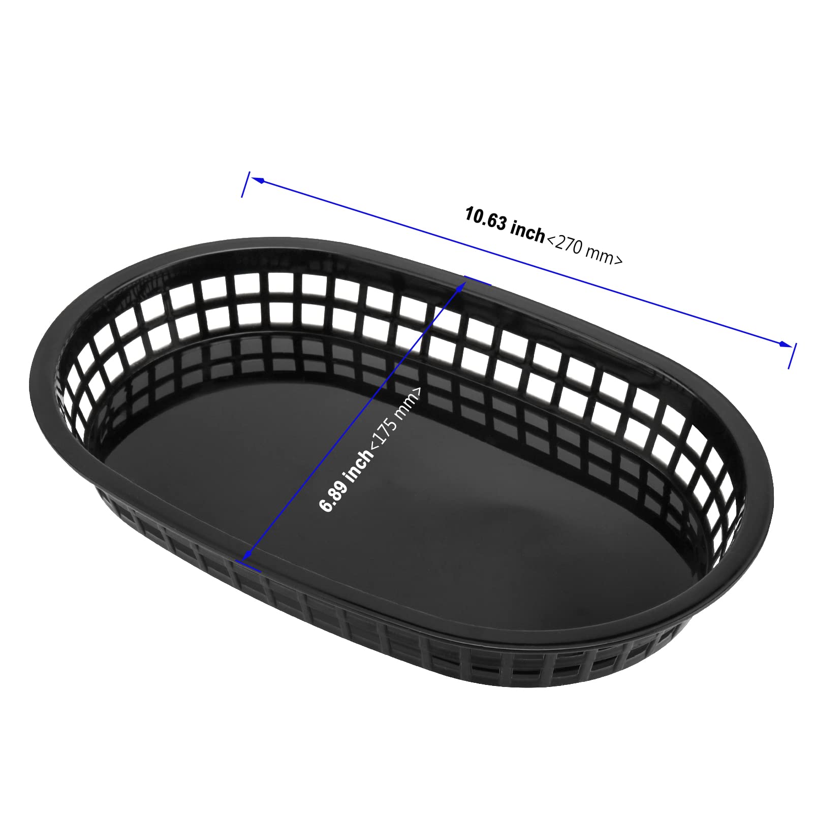 24-Pack 11x7 Inch Black Plastic Fast Food Serving Baskets - Oval Deli Trays for Burgers, Hot Dogs, Sandwiches, Fries & BBQ | Perfect for Restaurants, Food Trucks, Catering & Outdoor Parties