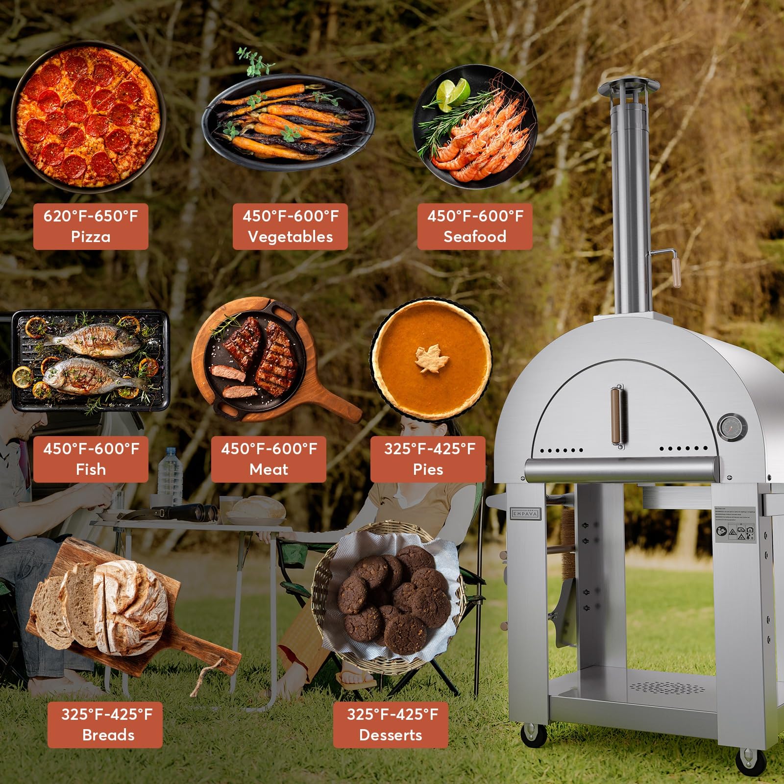 Empava 46 Inch Stainless Steel Wood Fired Pizza Oven with Wheels & Side Panel - Outdoor Kitchen, Backyard Party, Camping & Grill Accessories - Freestanding Silver Design for Patio, Garden & Tailgating