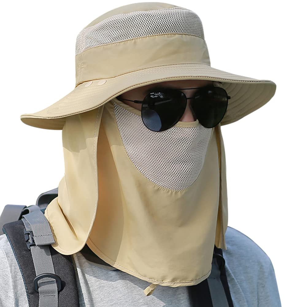 UPF50+ Sun Hat for Men & Women - Wide Brim Fishing Hat with Neck Flap & Face Cover - Breathable Safari Boonie Cap for Outdoor, Hiking, Beach & Fishing - Sun Protection Summer Hat