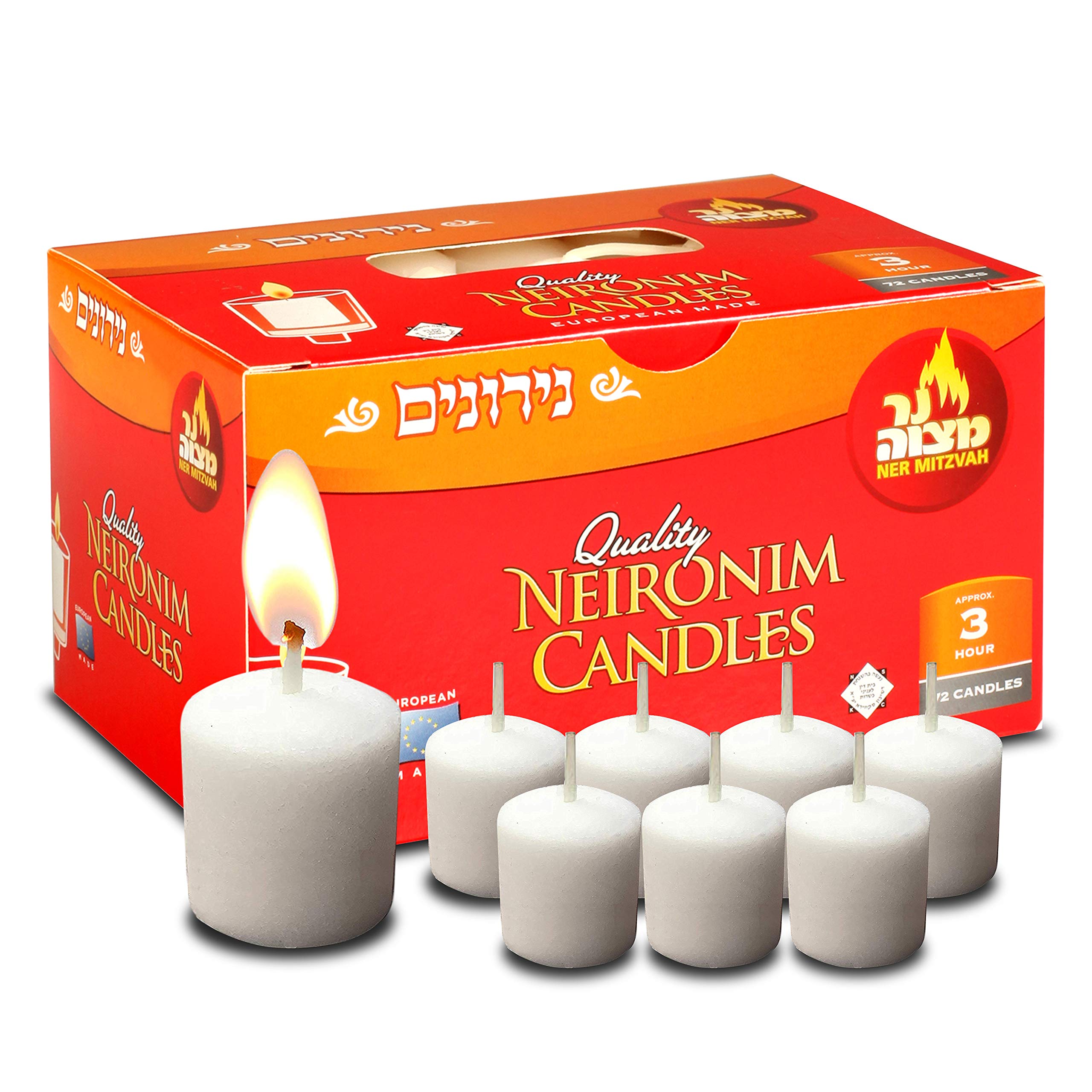 Ner Mitzvah 72-Count 3-Hour Shabbat Candles & Votive Wax Candles - Long-Lasting for Jewish Holidays, Sabbath, and Home Blessings
