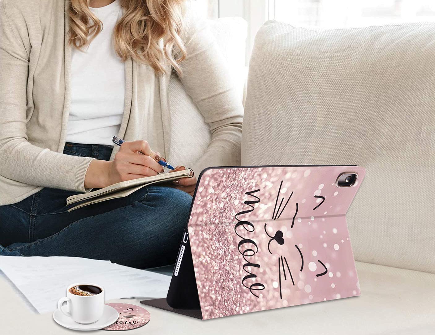 Shockproof Cute Cat Face TPU Case for iPad 9.7 2017/2018 & iPad Air/Air 2 - Adjustable Folio Stand with Auto Sleep/Wake (Pink Glitter Meow Design) - Perfect for Work, School & Travel Protection