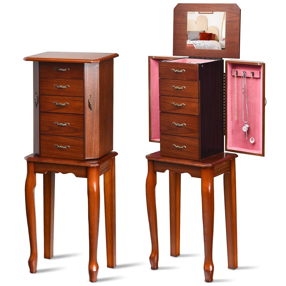 Wooden Jewelry Storage Chest with Flip Top Mirror - Standing Jewelry Armoire Cabinet with 4 Drawers, 2 Side Doors & 6 Necklace Hooks | Jewelry Organizer for Women | Perfect Gift for Her | Bedroom, Dressing Room & Closet Organization