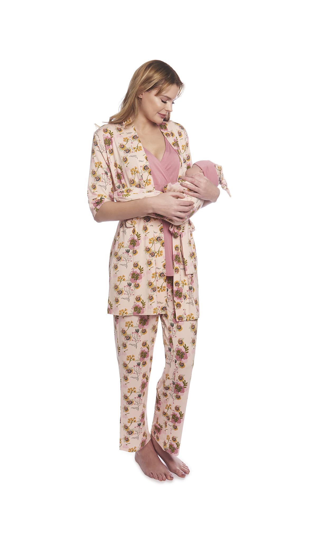 5-Piece Maternity & Nursing Pajama Set - Soft Cotton Breastfeeding Sleepwear for Mom and Baby | Comfortable Pregnancy & Postpartum Loungewear for Nursing Mothers