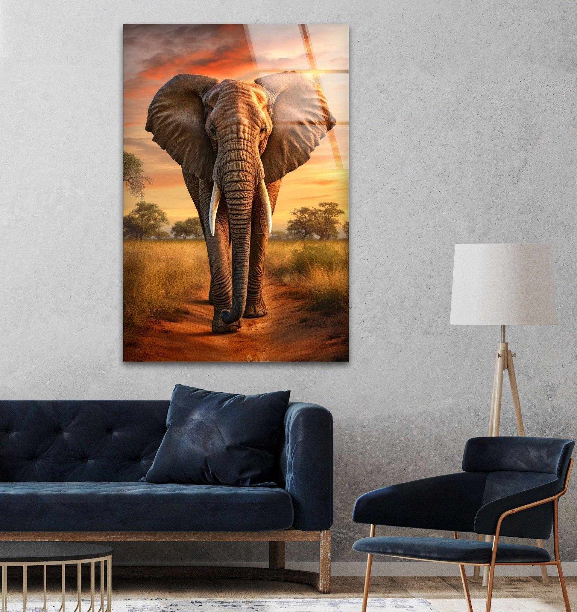 African Elephant Glass Wall Art - Handcrafted Home Decor for Living Room, Bedroom & Office - Perfect for Nature Lovers & Safari Theme Interior Design