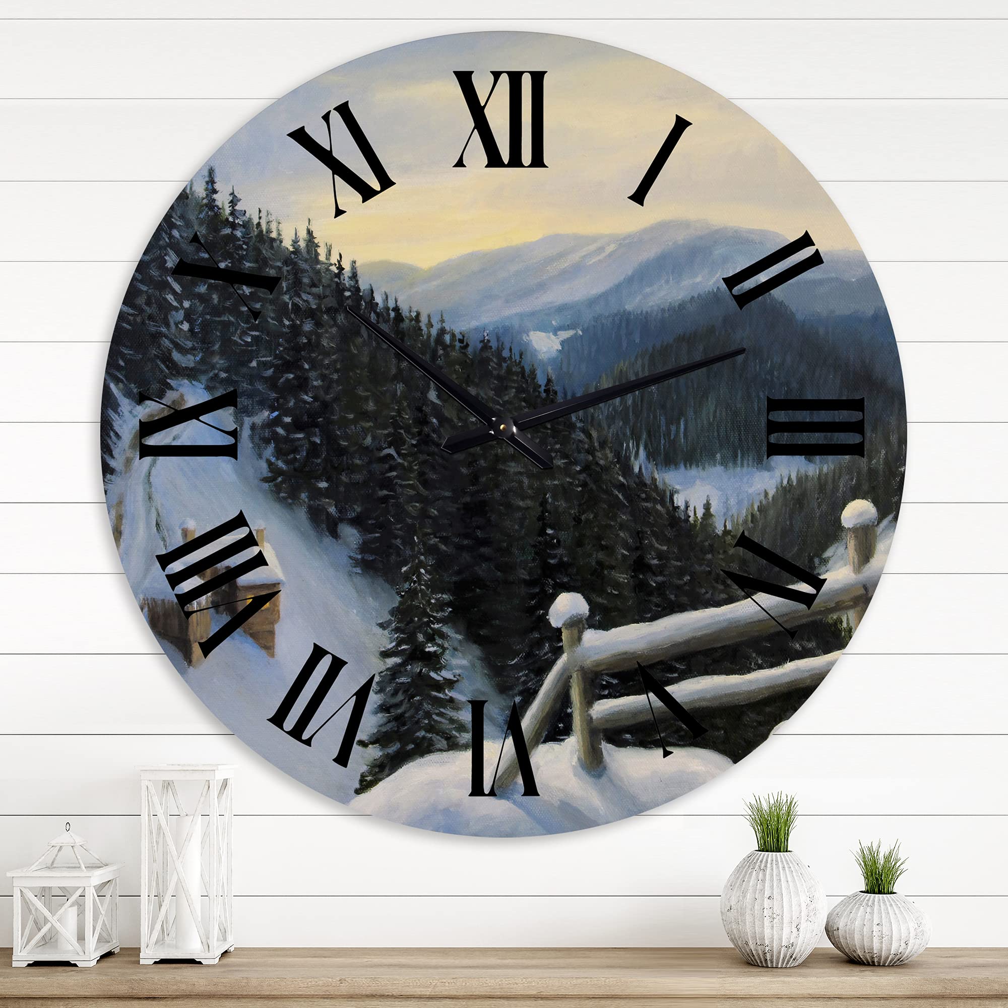 DesignQ Traditional Large Wall Clock - 'View On Snowy Mountaintops' Landscape Nature Clock for Home & Office Decor | Perfect for Living Room, Bedroom, Kitchen & Workspace