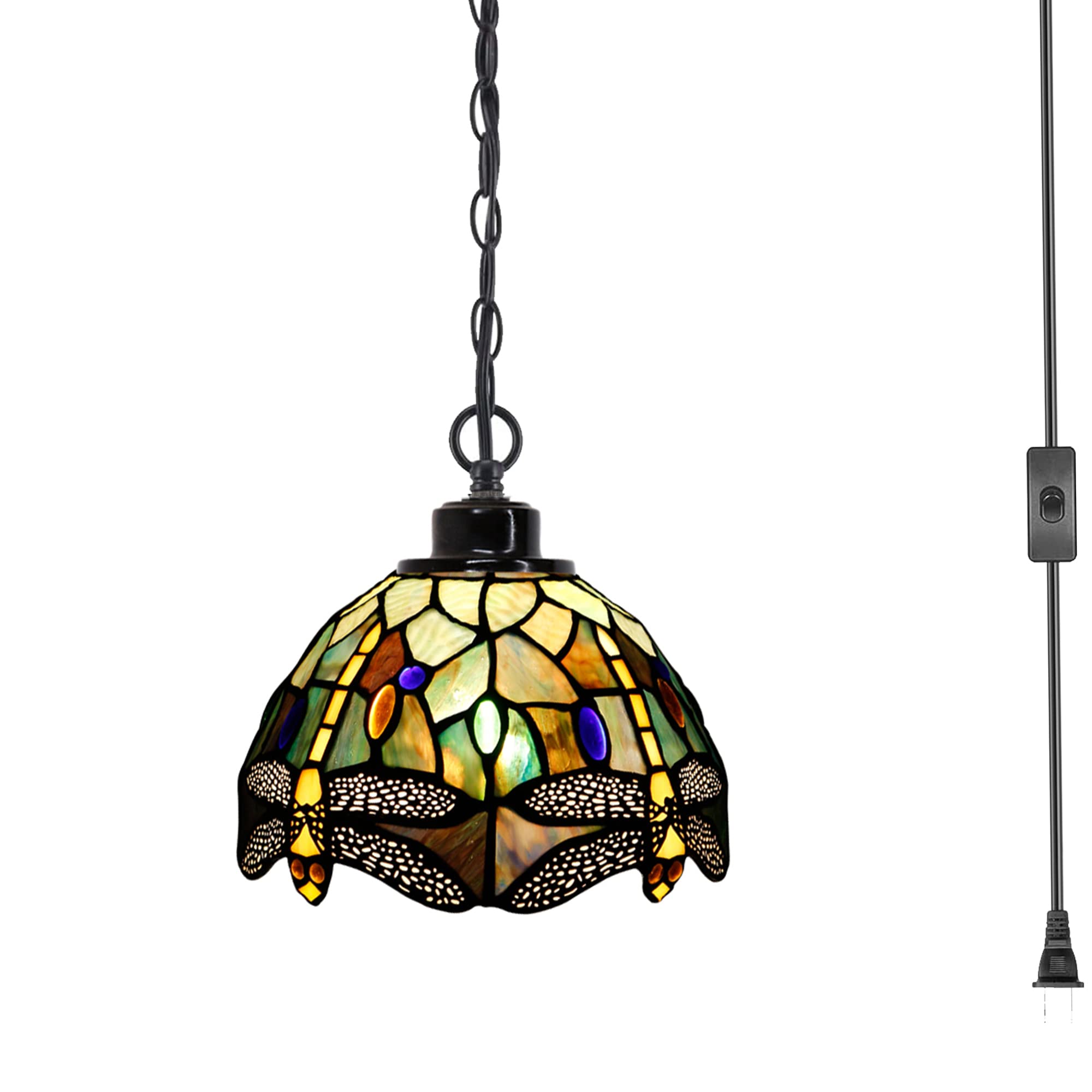 Vintage Tiffany Style Plug-In Swag Pendant Light - 8x8x18 Inch Stained Glass Hanging Lamp with Amber Yellow Dragonfly Design | Perfect for Dining Room, Living Room, Bedroom & Home Decor