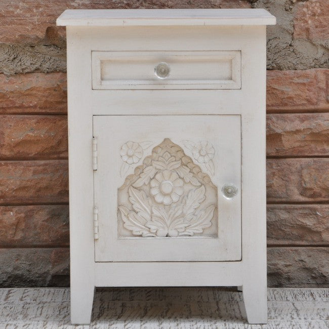 Hand Carved Solid Wood French Style White Nightstand - Elegant Bedside Table for Bedroom Decor & Storage