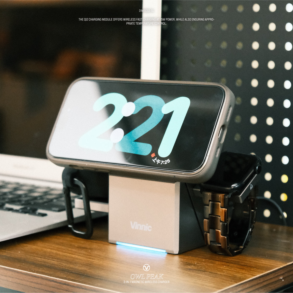 Vinnic OWL PEAK 3-in-1 Qi2 Magnetic Wireless Charger Stand for iPhone 15/14/13, Apple Watch & AirPods - Fast Charging Pad for Home, Office & Travel