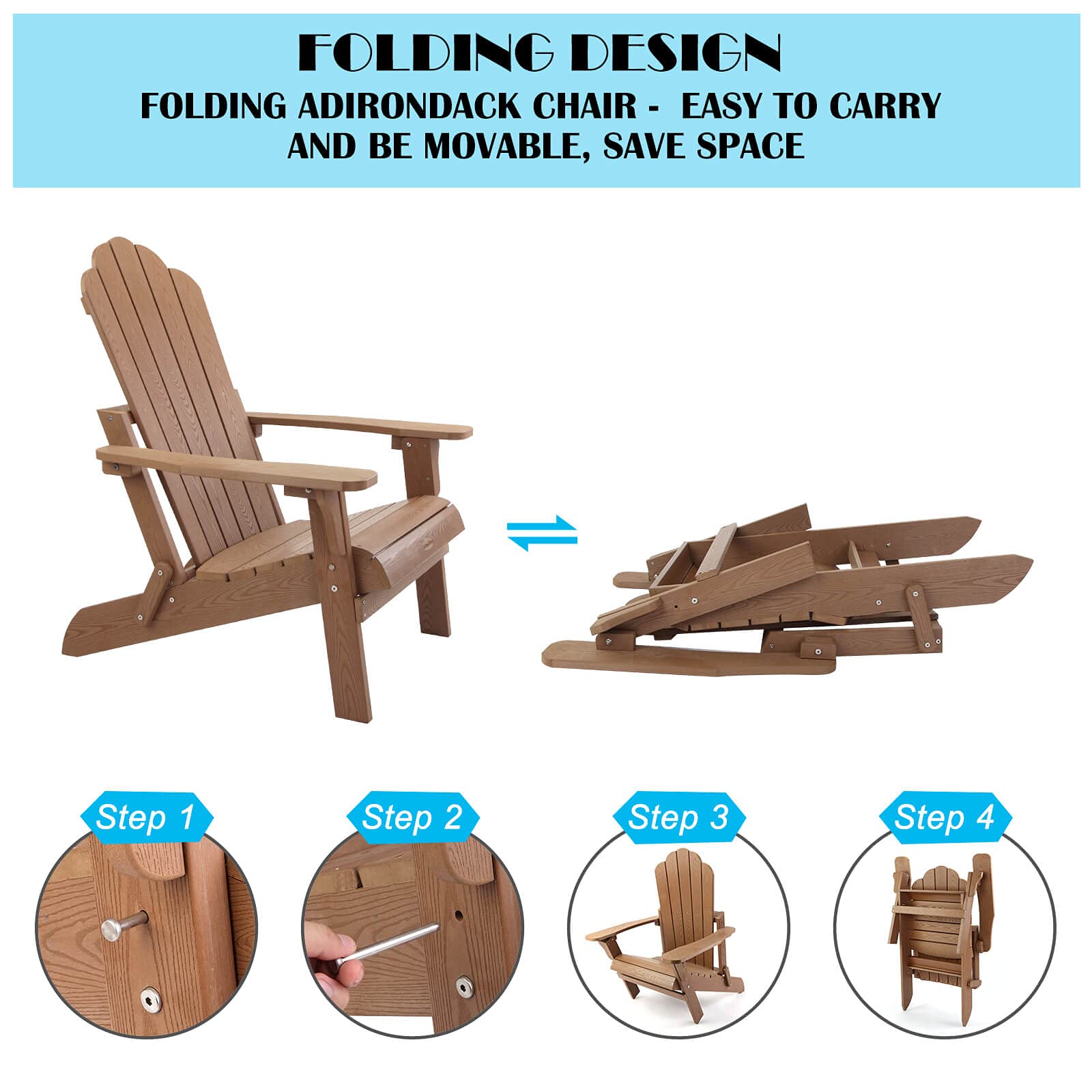 2 Pack Folding Adirondack Chairs - Weather-Resistant HIPS Plastic Outdoor Patio Furniture Set for Backyard, Deck, Fire Pit & Porch - Wood Grain Design (Perfect for Camping, Beach & Garden Relaxation)
