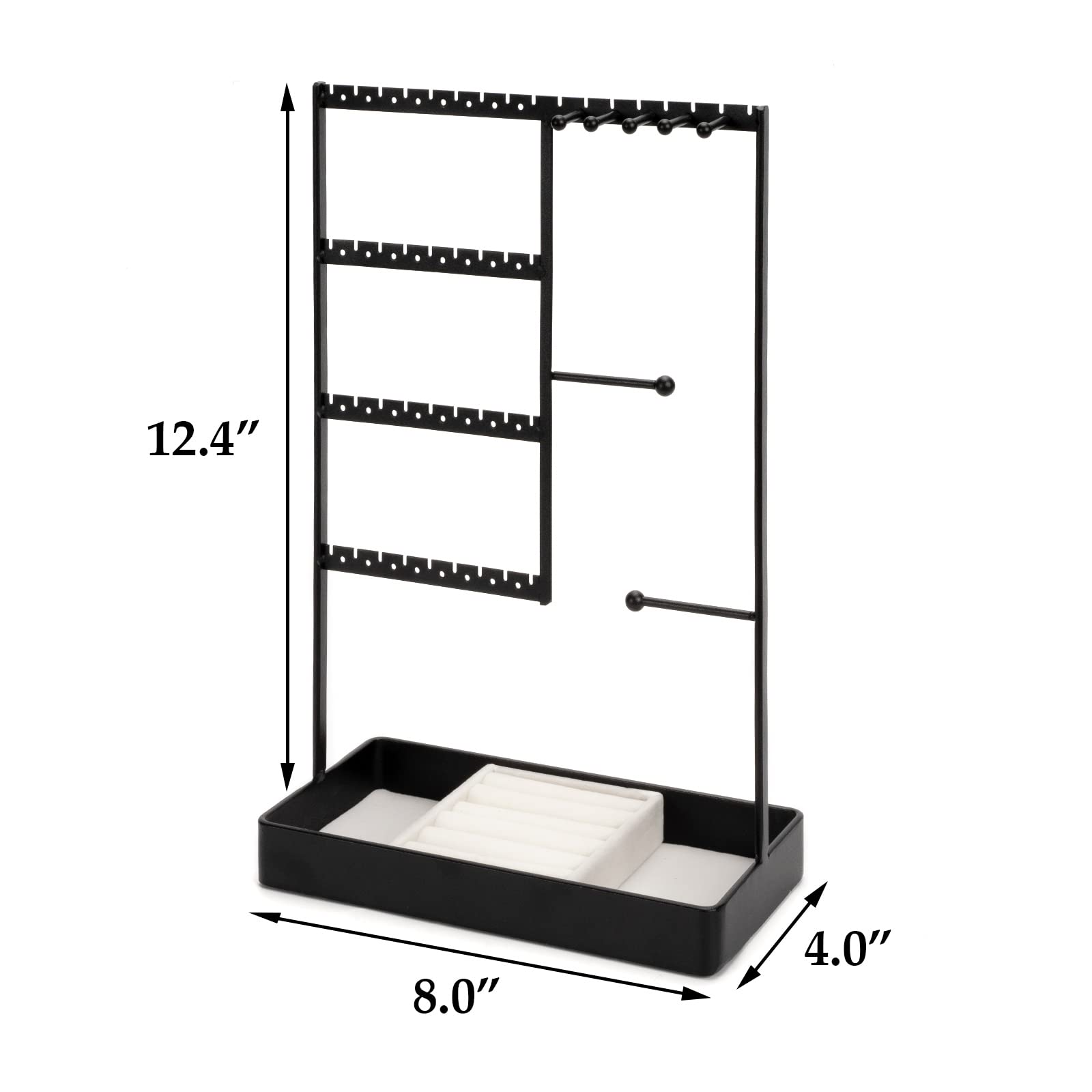 4-Tier Jewelry Organizer Stand with Metal Tray - Necklace, Earring, Bracelet & Ring Holder for Women | Perfect for Bedroom Vanity, Closet & Travel (Black)