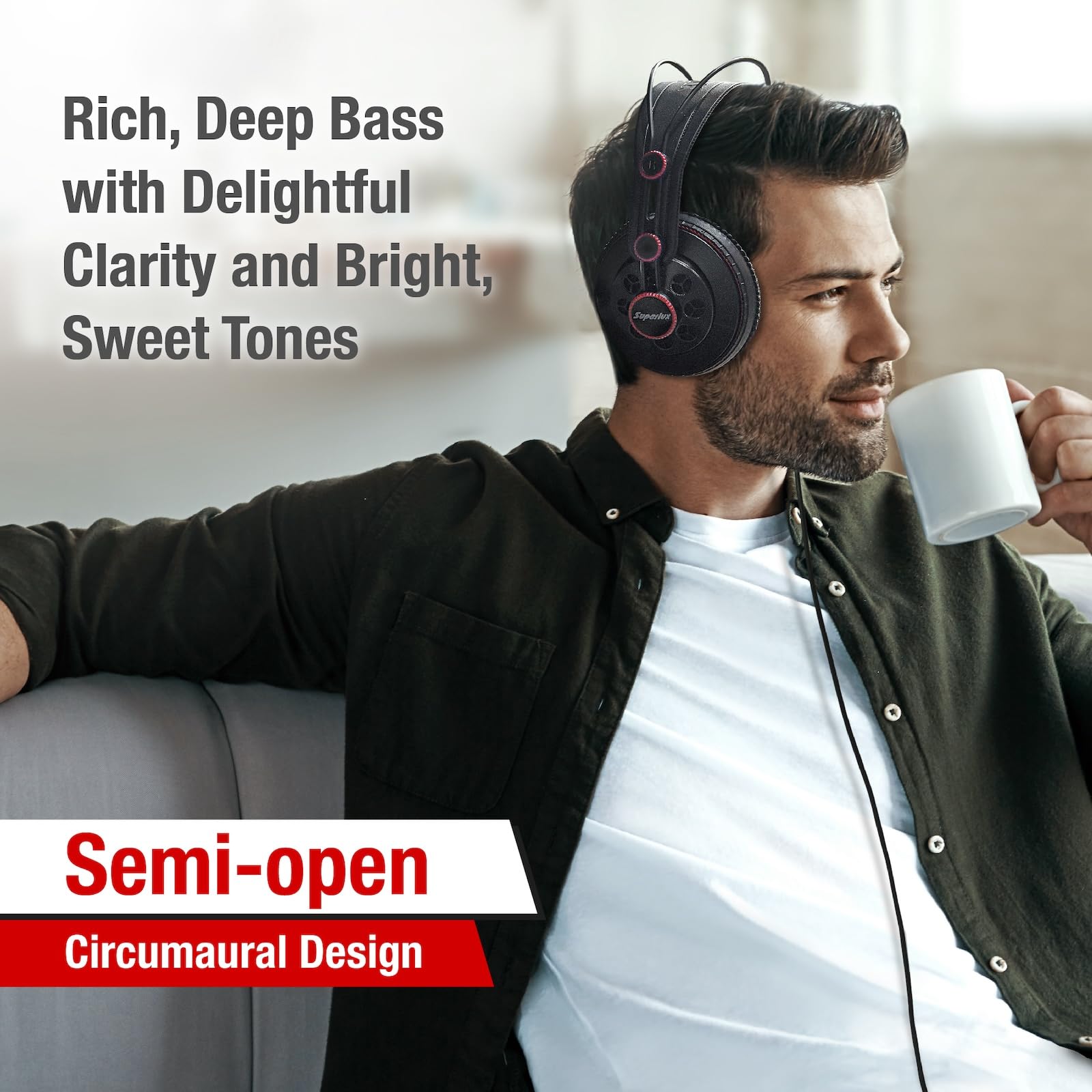 Superlux HD681 Semi-Open Back Professional Studio Headphones - 50mm Neodymium Drivers, Single-Sided Cable for Music Recording, Podcasting, Mixing & Guitar Monitoring - Perfect for Home Studios & Audio Professionals