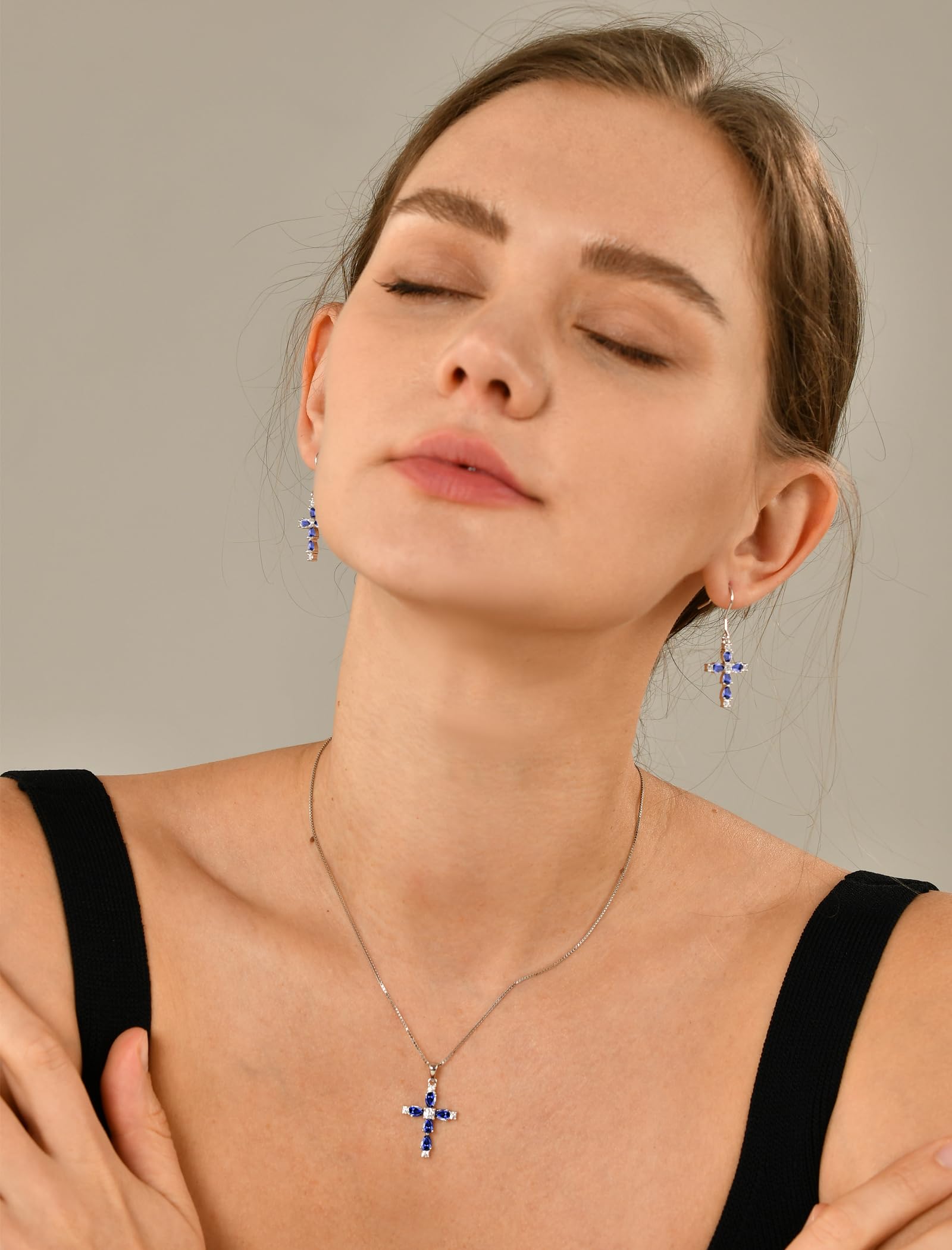 YL Cross Necklace 925 Sterling Silver Gemstone Pendant Birthstone Religious Jewelry for Women - Perfect Gift for Baptism, Confirmation & Everyday Faith Inspired Fashion