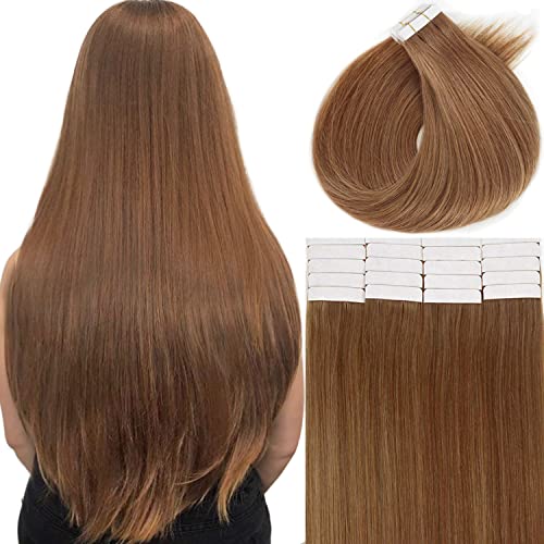Anrosa 100% Natural Real Human Hair Extensions - Double Side Seamless Tape in Remy Hair (20 Pcs, 50g, 18 Inch, Auburn Brown #30) for Volume & Length - Perfect for Daily Wear, Parties & Special Occasions