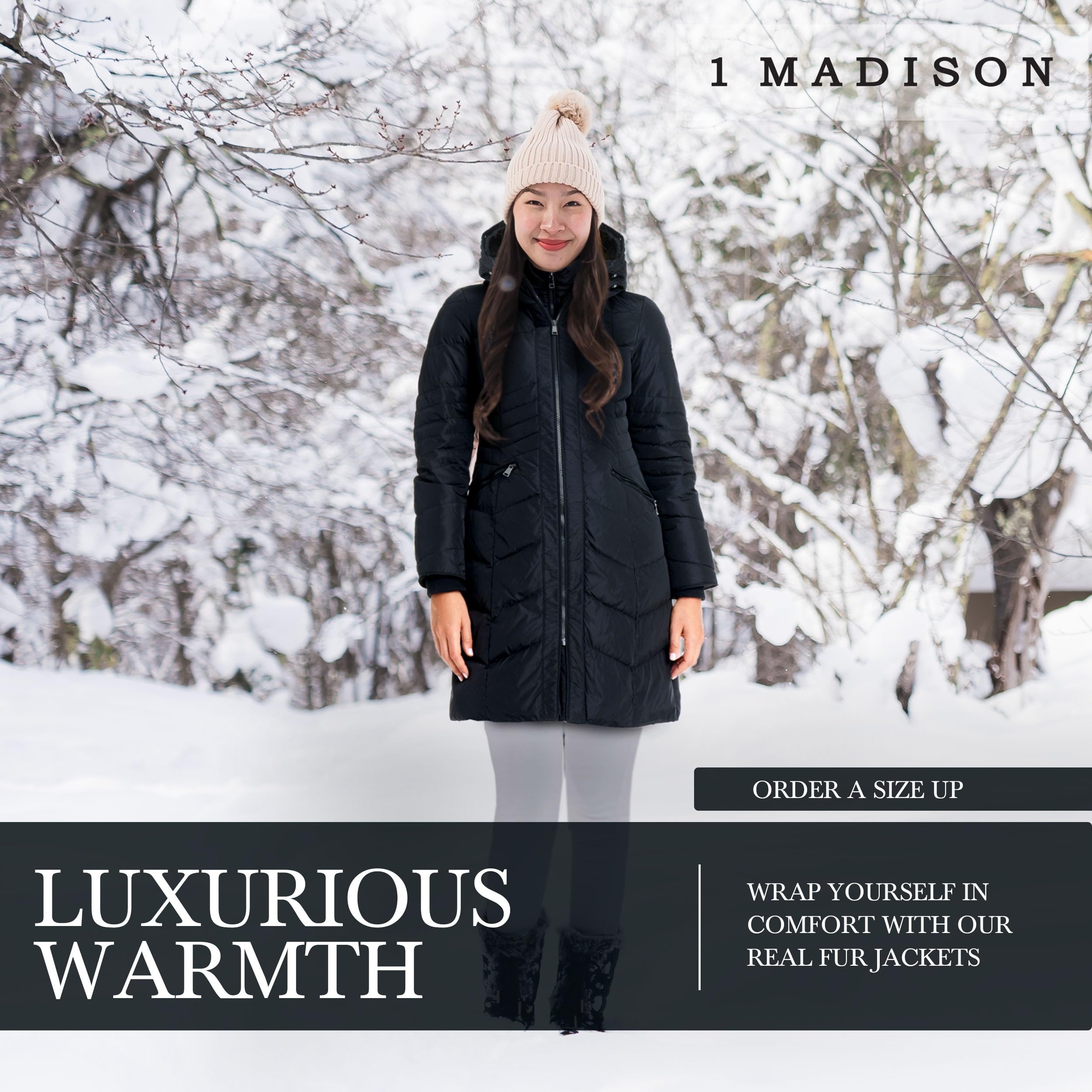 One Madison Women's Nylon Down Winter Coat with Genuine Fur Trim - Warm Hooded Puffer Jacket for Cold Weather | Winter Fashion, Outdoor Activities, Snow Sports, Daily Commute