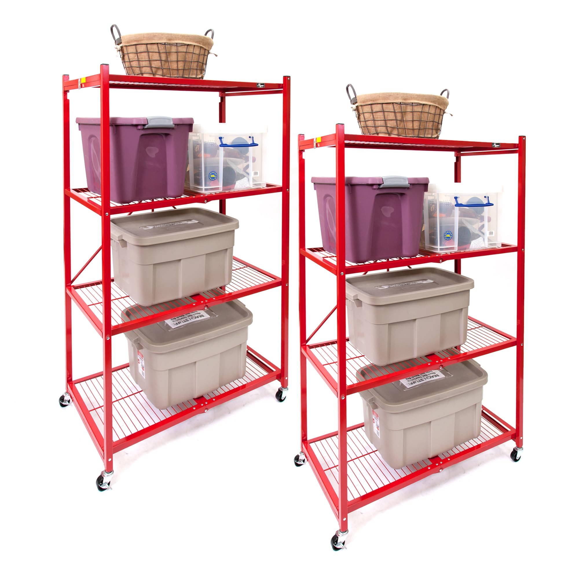 Origami R5 Foldable 4-Tier Heavy Duty Garage Shelving with Wheels - 1000 lbs Capacity Metal Storage Rack for Garage, Basement & Workshop Organization (Red, 2-Pack) - Perfect for Storing Tools, Sports Equipment & Home Supplies