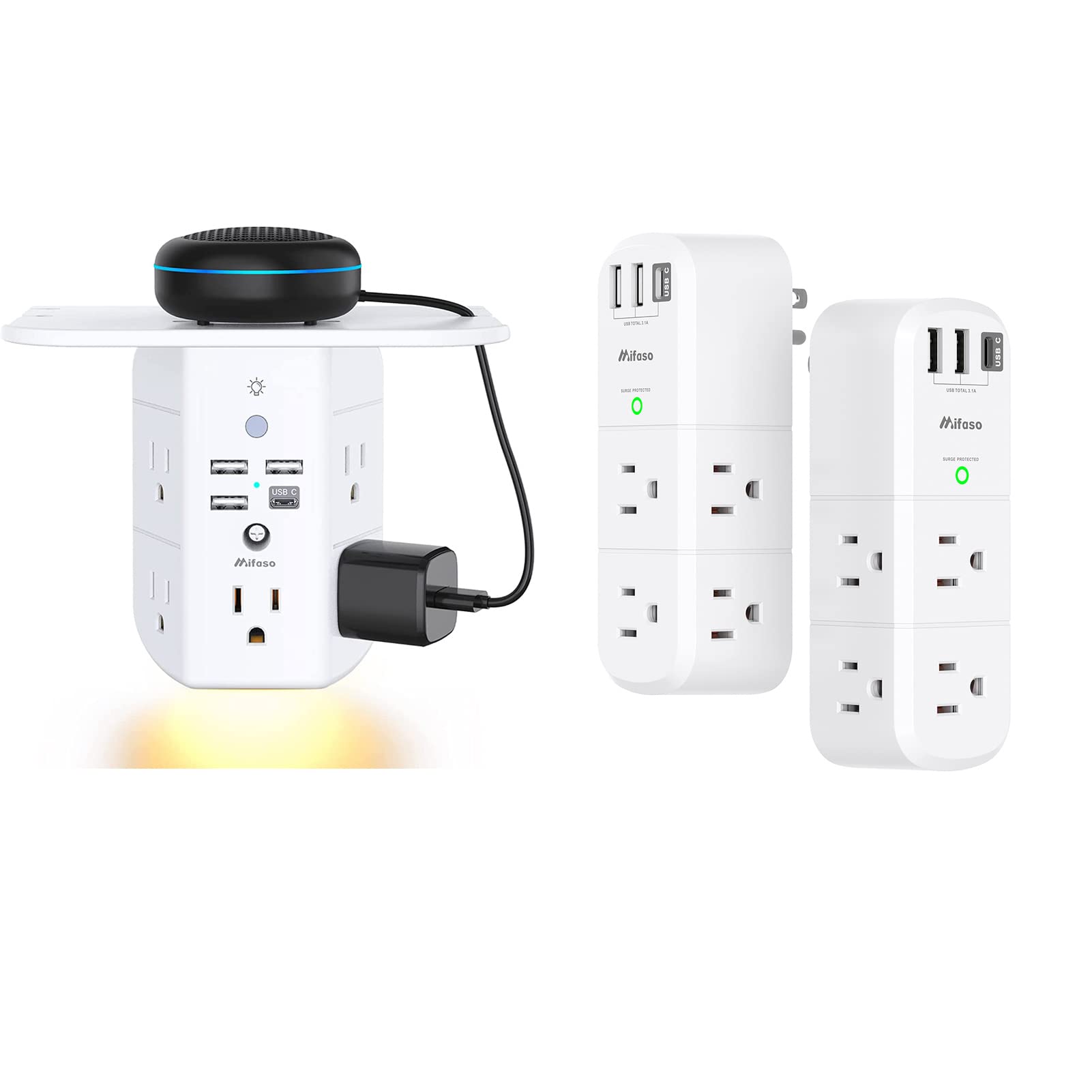 2-Pack Swivel Power Outlet Extender with Shelf & Night Light - Multi Plug Wall Charger for Home, Office, Bedroom - Expand Electrical Outlets for Phones, Lamps & Small Appliances