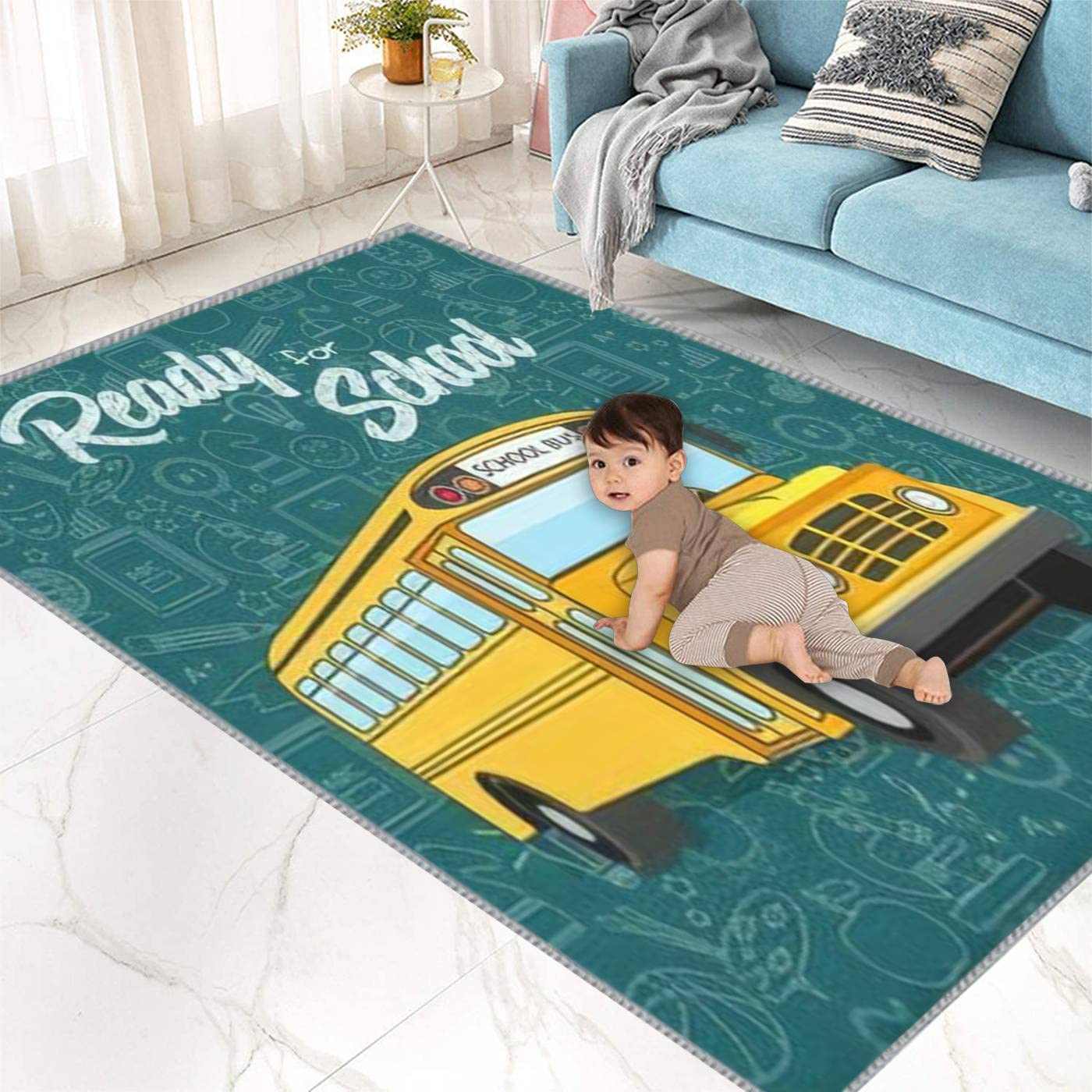 Extra Large 5x8 ft Kids Play Area Rug with 3D Yellow School Bus Design - Non-Slip Nursery Carpet for Boys & Girls, Perfect for Bedroom, Playroom & Classroom Decor - Ideal for Learning, Playing & Welcoming New School Year