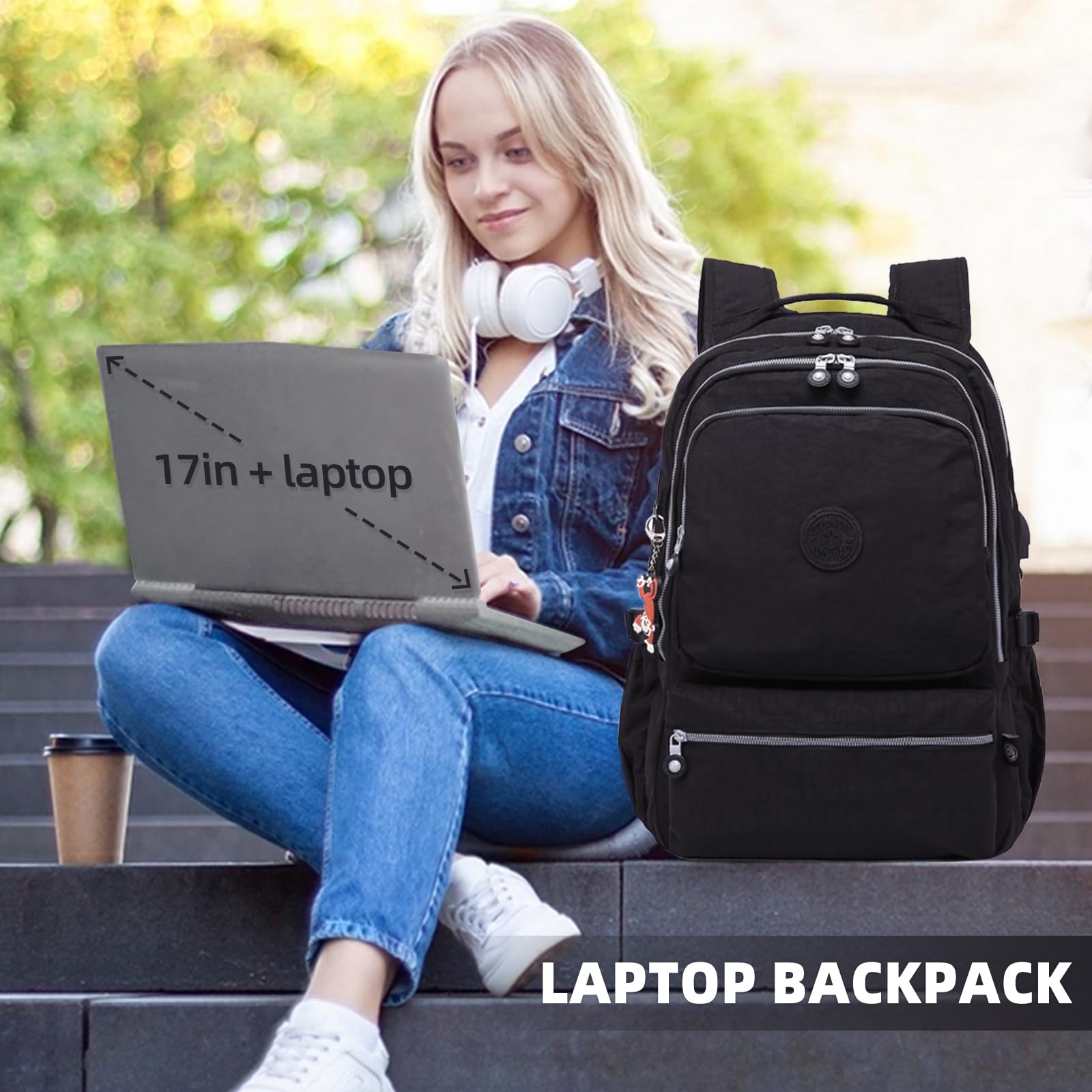 Multi-Function Black Nylon Backpack for College, School & Travel - Laptop Backpack for Men & Women with USB Charging Port - Perfect for Work, Business, Hiking & Daily Use