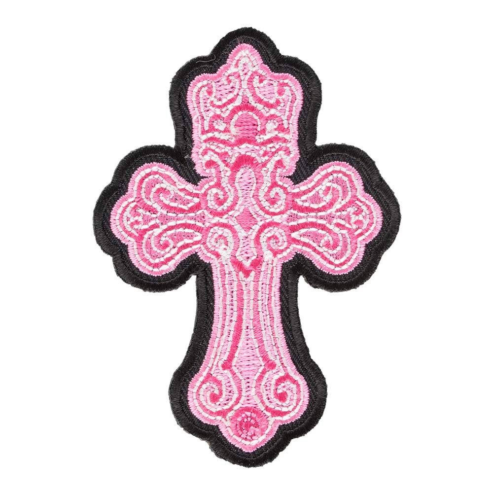 Christian Cross Pink Iron On Patches for Clothing & Jeans - 2.5x3.25 Inch Small DIY Sew On Embroidered Religious Patch for Jackets, Bags, Hats - Decorative Fabric Applique for Faith-Based Fashion & DIY Crafts