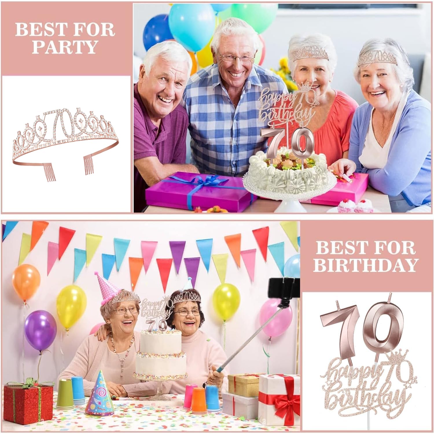 Elegant 70th Birthday Party Decorations for Women - Sash, Crown/Tiara, Candles & Cake Topper Set - Perfect 70th Birthday Gifts for Mom, Grandma - Great for Milestone Celebrations & Retirement Parties