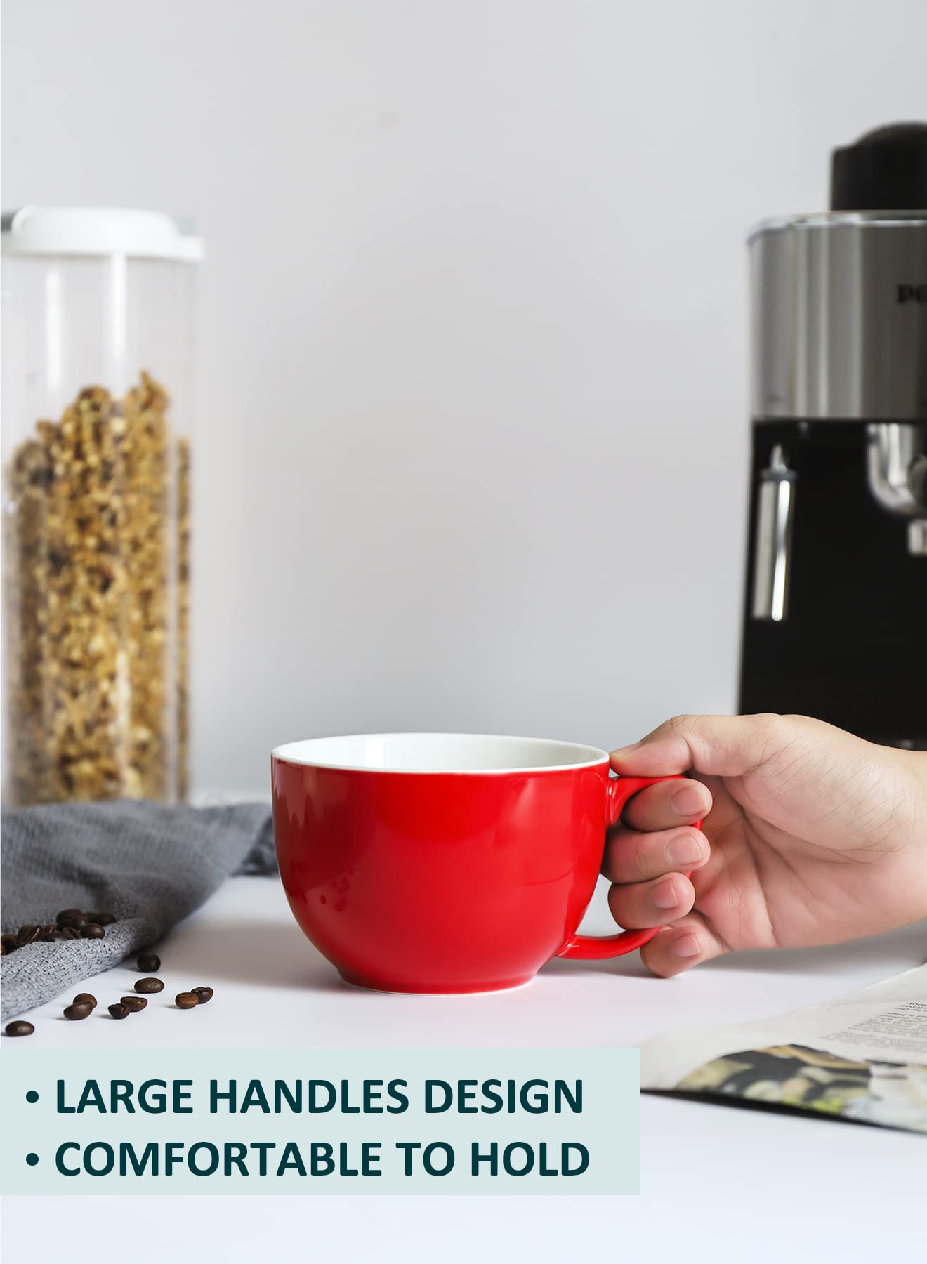 Teocera 16 oz Red Ceramic Coffee Mugs Set of 4 - Large Porcelain Mugs with Handle for Hot & Cold Drinks - Perfect for Coffee, Tea, Cocoa, Latte, Milk & Cereal - Durable Modern Design for Home, Office & Restaurant Use
