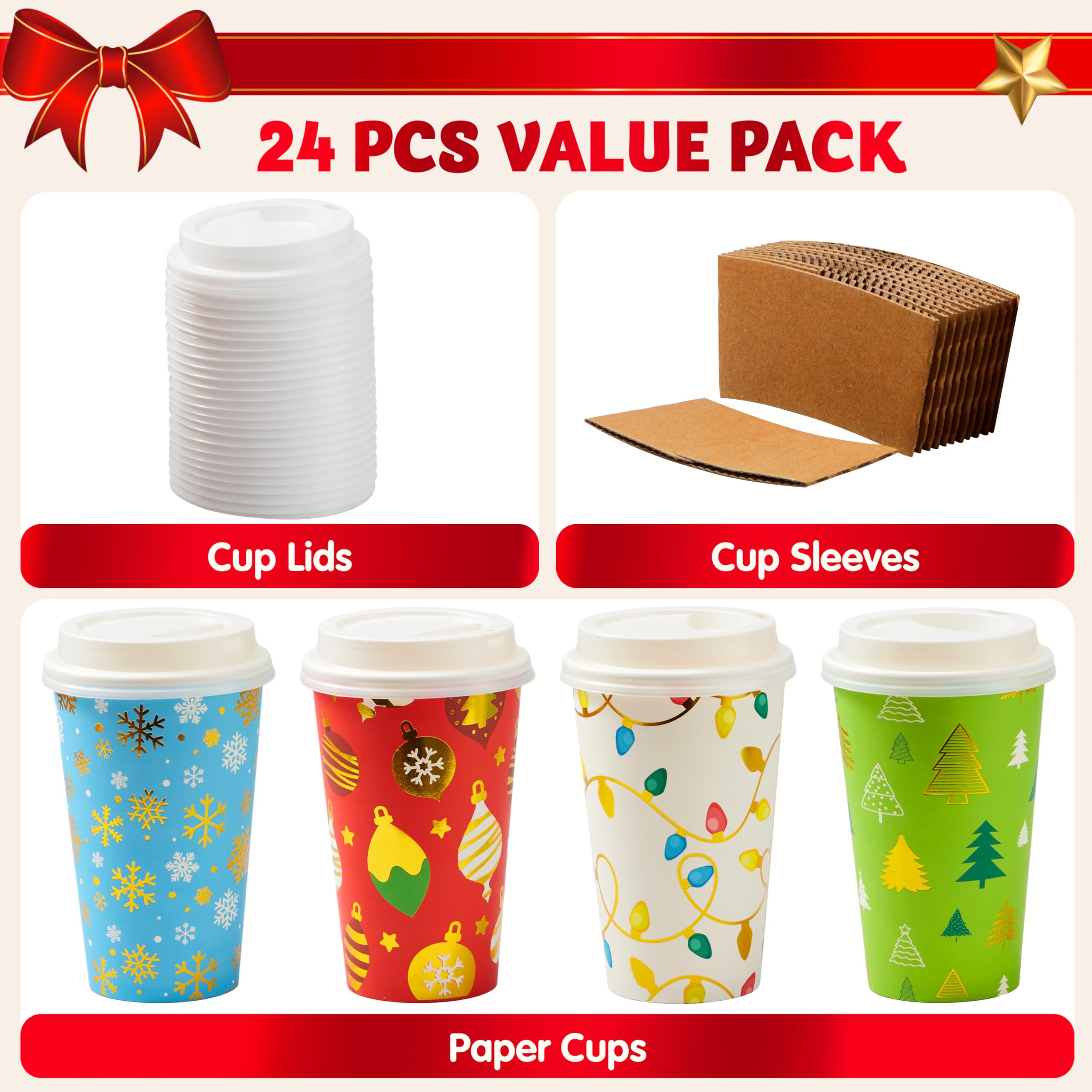 JOYIN 24-Pack 16oz Christmas Disposable Paper Cups with Lids & Sleeves - 4 Festive Designs for Holiday Parties, Winter Drinks & Home Decor - Perfect for Xmas Celebrations, Hot Cocoa, Eggnog & Seasonal Beverages