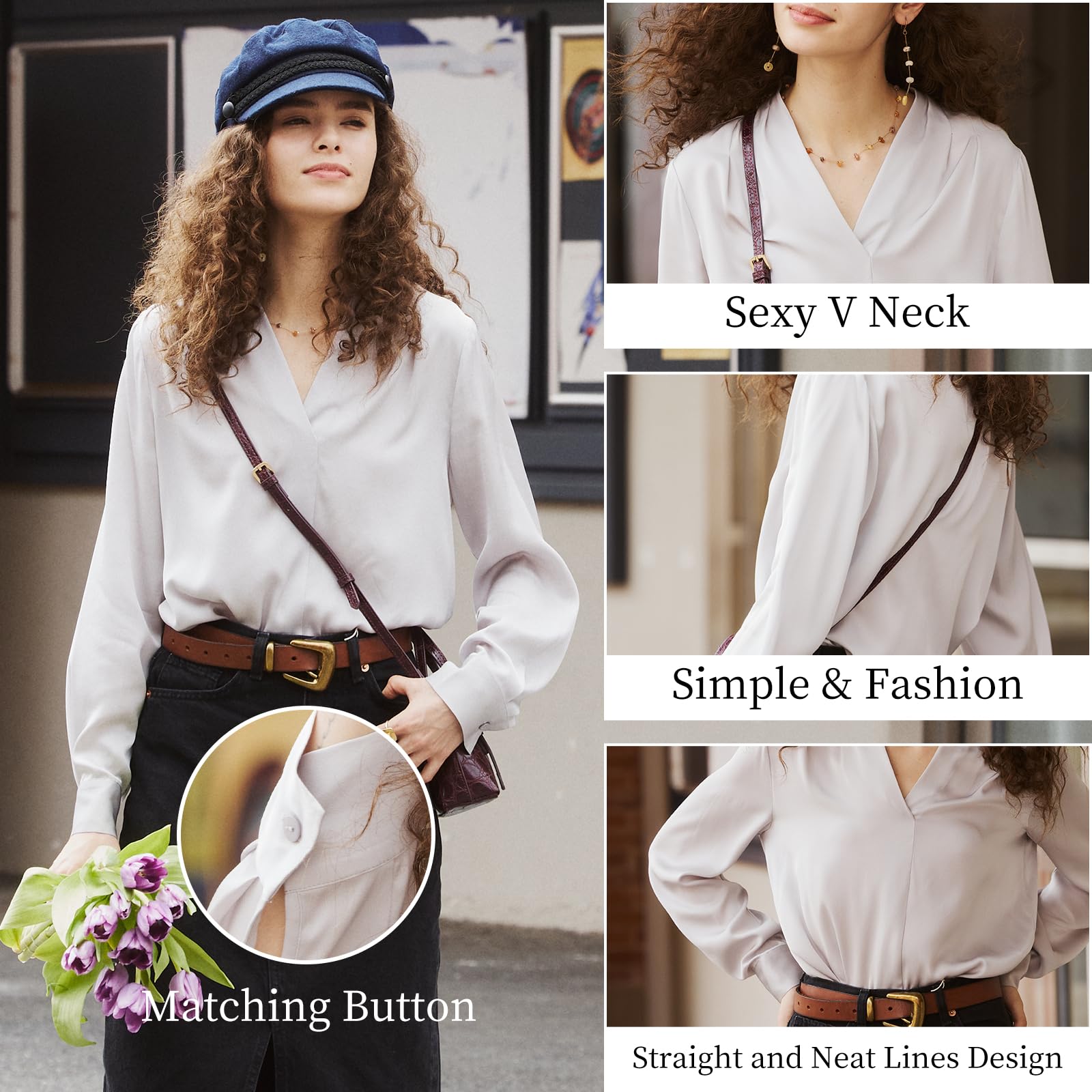 COLD POSH Women's Mulberry Silk Blouse - Elegant Long Sleeve V-Neck Button Down Shirt for Fall & Summer | Luxury Office Wear & Evening Outfits