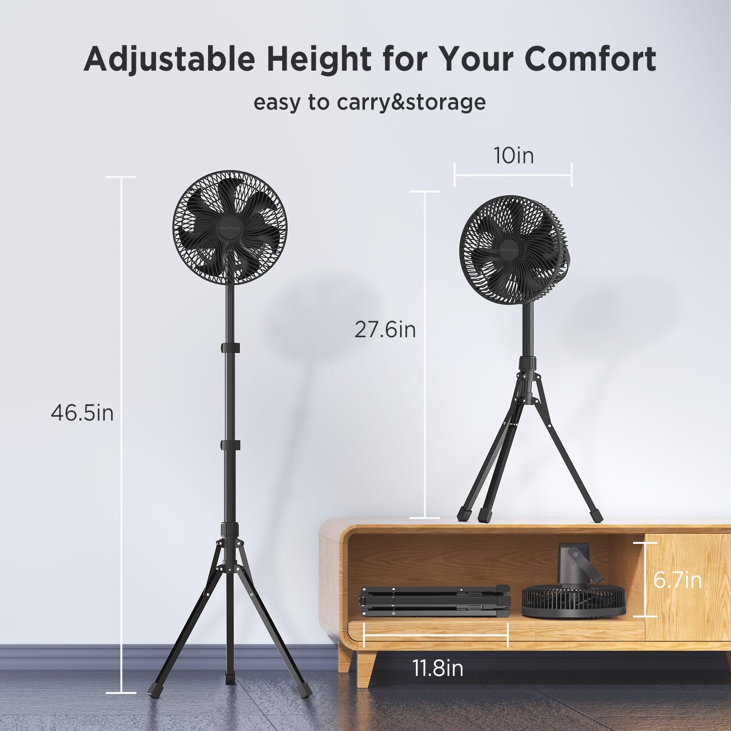 Marchpower 10 Inch Foldable Camping Fan with Detachable Tripod - 10000mAh Rechargeable Battery, Remote Control & Quiet Oscillation - Adjustable Height Pedestal Floor Fan for Home, Tent, RV & Outdoor Adventures