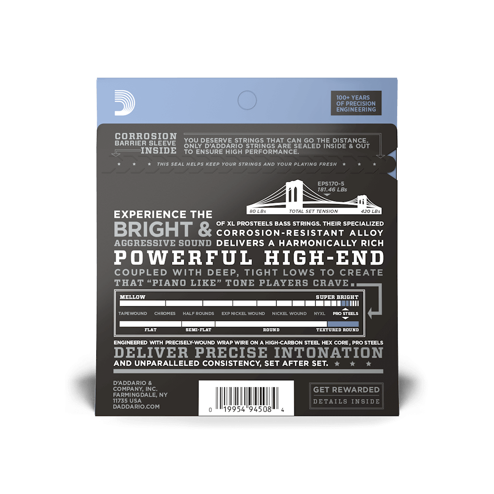 D'Addario Bass Pro Steel 45-130 Long Scale 5-String Bass Guitar Strings - Perfect for Rock, Metal & Studio Recording