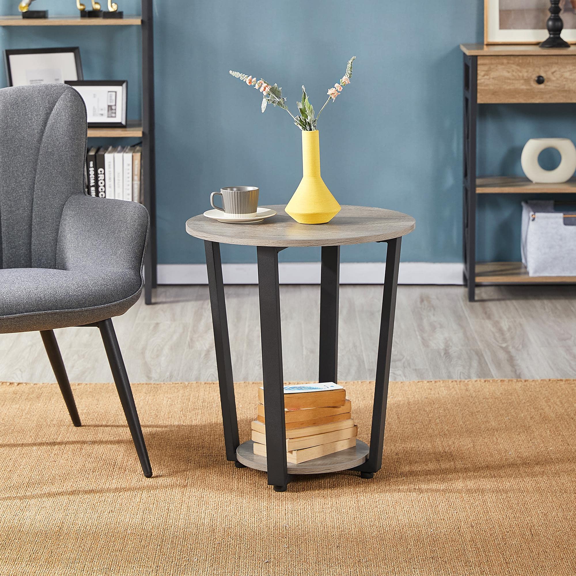 Yaheetech Farmhouse Round End Table with Storage Shelf - 2 Tier Sofa Side Table with Sturdy Metal Frame & Wood Top for Living Room, Bedroom, Small Spaces - Easy Assembly, Gray - Perfect for Coffee, Books, and Decor