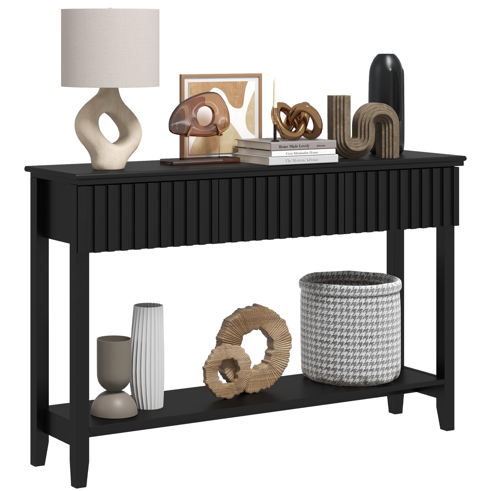 Modern Fluted Wood Console Table with 3 Drawers & Open Shelf - Narrow Sofa Table Behind Couch, Entryway Table for Living Room, Foyer & Hallway - Black (1 Tier) | Perfect for Small Spaces & Home Decor