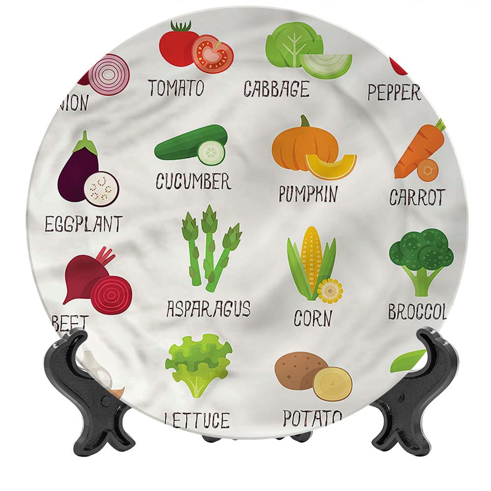6 Inch Retro Decorative Ceramic Wall Plate with Healthy Vegetable Pattern - Microwave & Dishwasher Safe Dinnerware for Home Decor | Perfect for Kitchen Display, Dining Table Centerpiece & Gift Giving