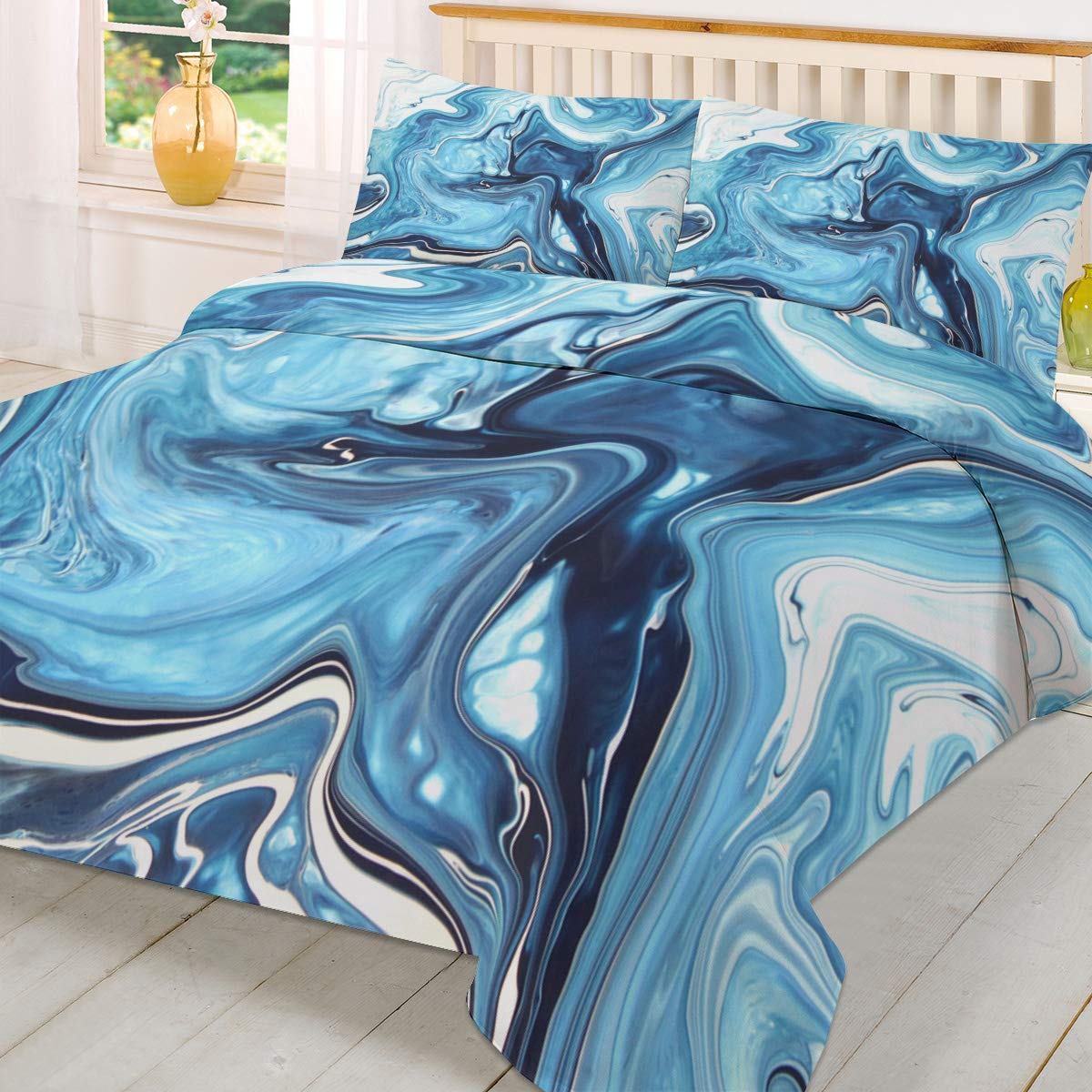 Blue Marble Duvet Cover 3-Piece Full Size Bedding Set with 2 Pillow Shams - Lightweight Soft Comforter Cover in Abstract Design for Modern Bedroom Decor | Perfect for Guest Rooms, Master Bedrooms & Cozy Home Styling