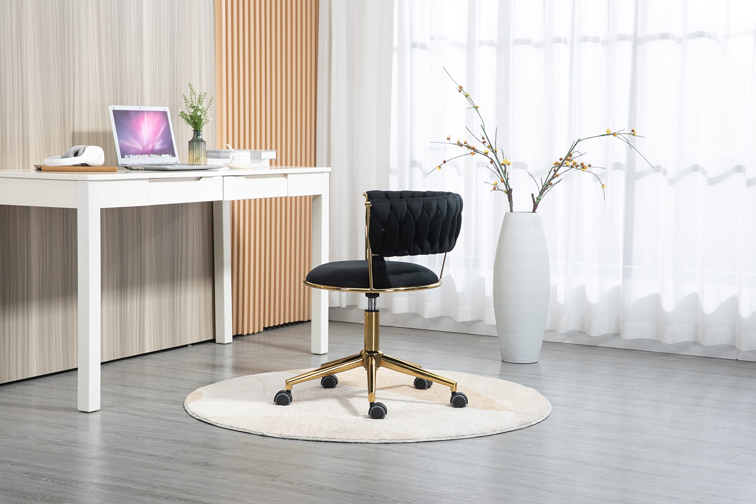 Velvet Office Chair - Ergonomic Swivel Desk Chair with Adjustable Height, Arms & Wheels - Upholstered Computer Task Chair for Home Office, Gaming & Makeup Station - Black Velvet Fabric with Metal Base