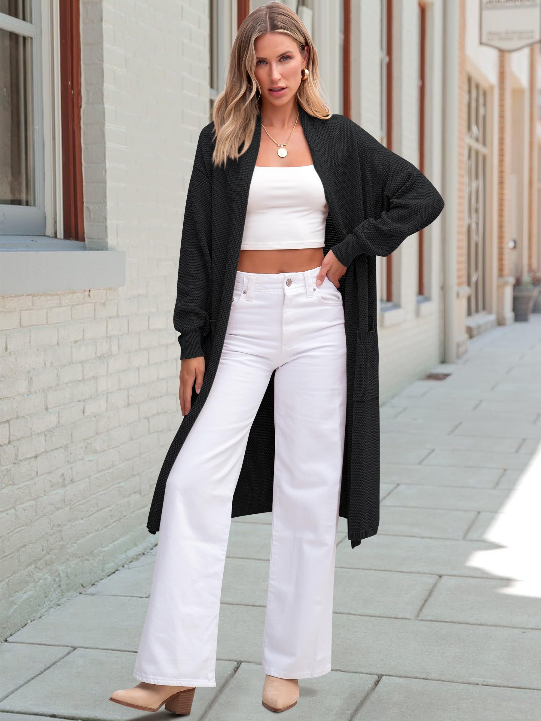 ANRABESS Women's Long Cardigan Sweater - Open Front Long Sleeve Slouchy Oversized Coat | 2024 Winter Chunky Knit Waffle Coatigan | Perfect for Casual Outfits, Office Wear & Cozy Home Lounging